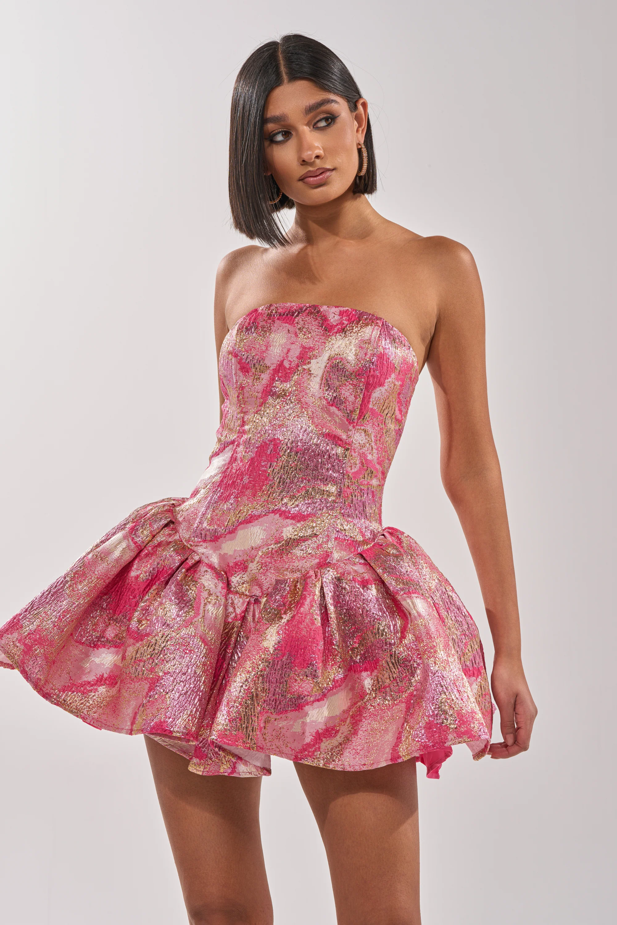 PRETTY IN PINK BROCADE MINI DRESS IN PINK MULTI - Image 4