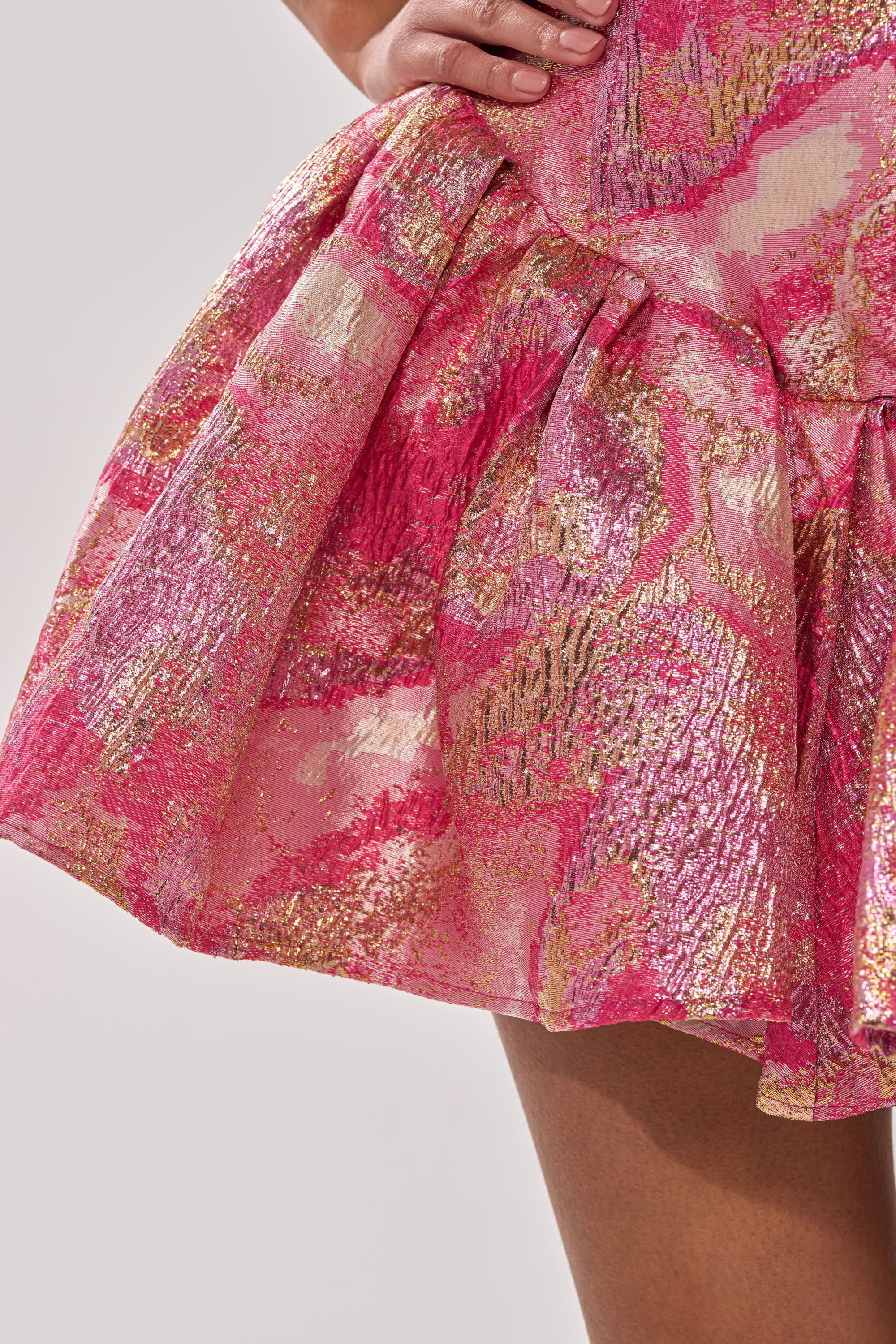 PRETTY IN PINK BROCADE MINI DRESS IN PINK MULTI - Image 8
