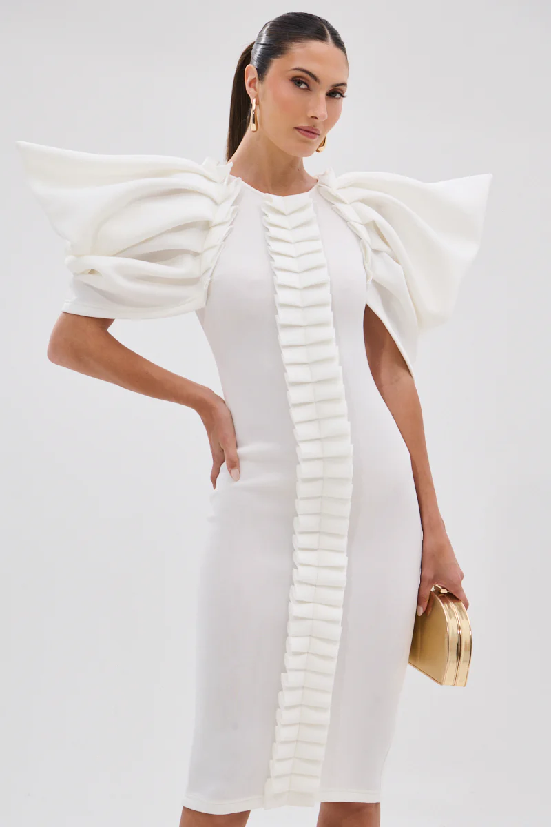 PURE JOY MIDI DRESS WITH DRAMATIC SLEEVE IN WHITE - Image 2