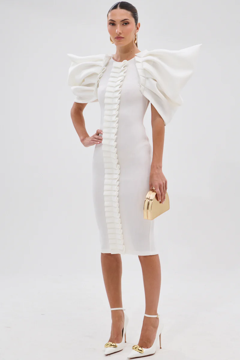 PURE JOY MIDI DRESS WITH DRAMATIC SLEEVE IN WHITE - Image 5
