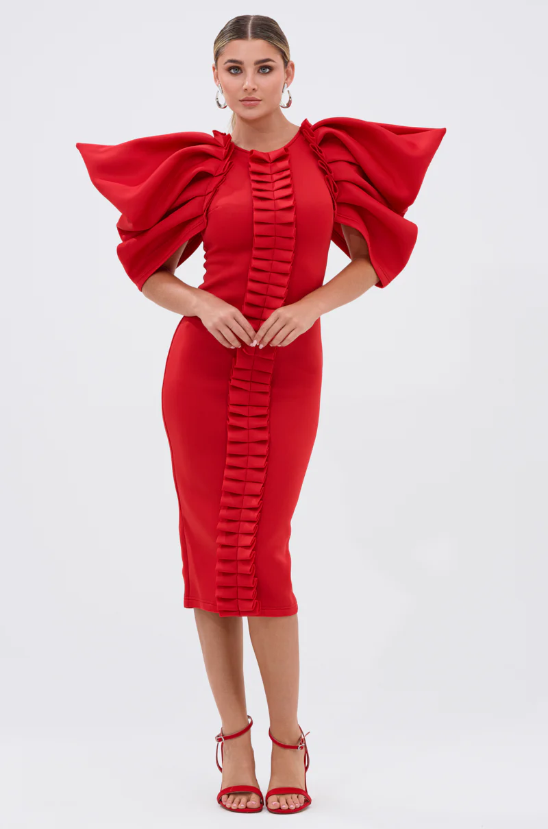 PURE JOY MIDI DRESS WITH DRAMATIC SLEEVE IN RED - Image 2