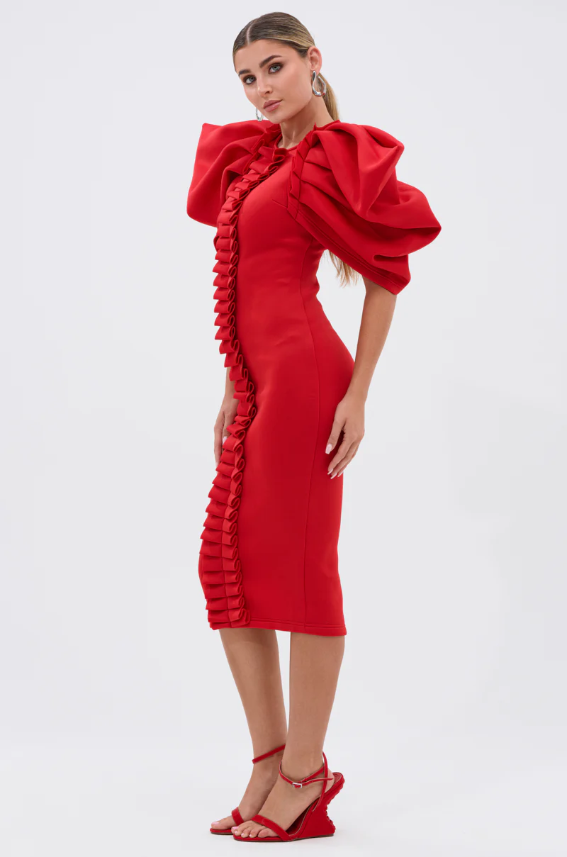 PURE JOY MIDI DRESS WITH DRAMATIC SLEEVE IN RED - Image 3