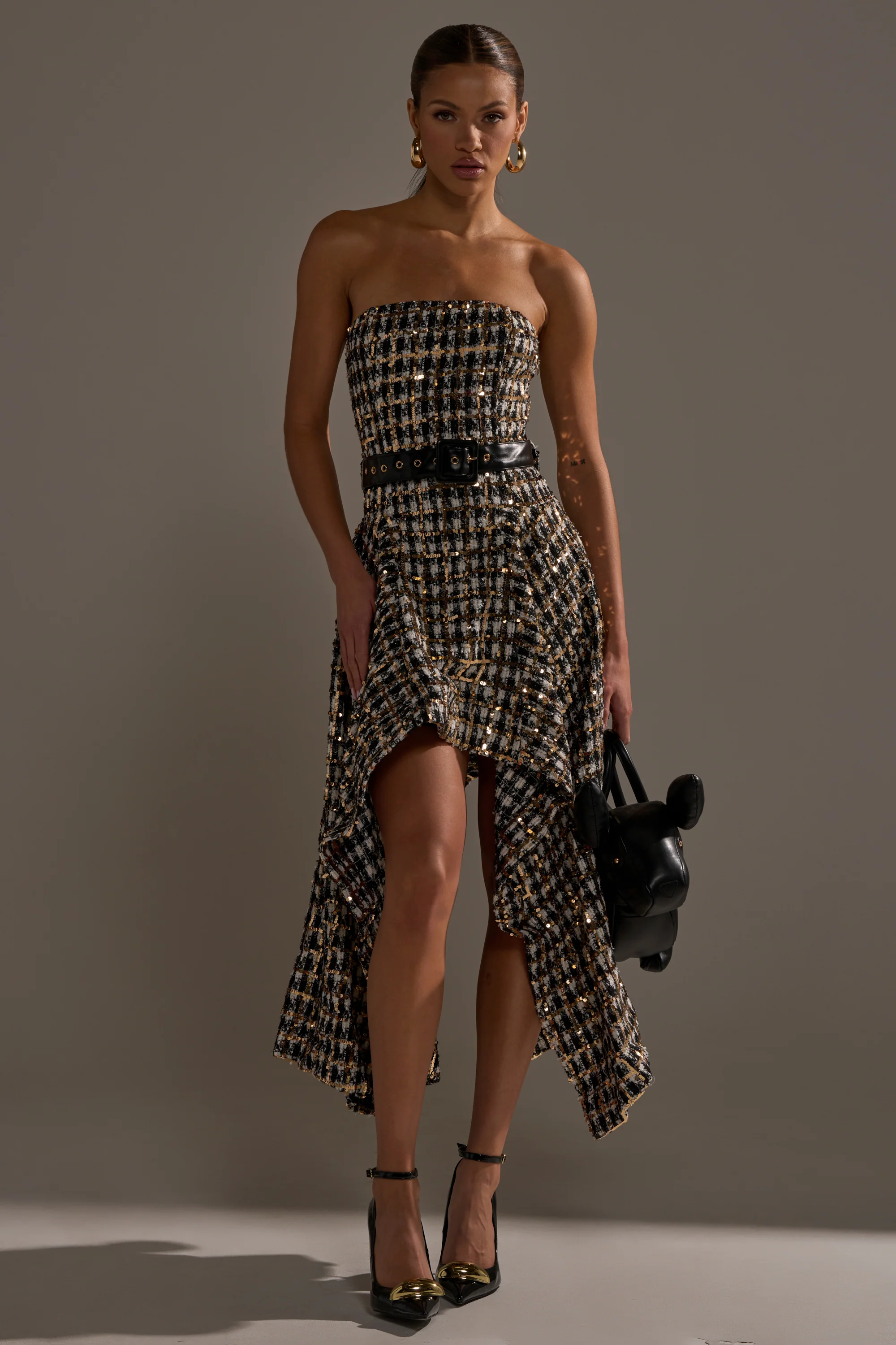 PURE ROYALTY BROCADE HIGH LOW TWEED DRESS WITH SEQUINS - Image 3
