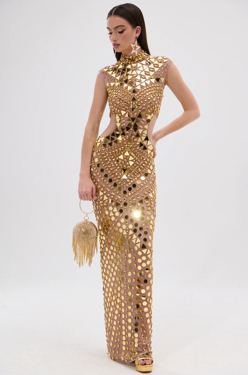 QUEEN OF EVERYTHING MIRRORED MAXI DRESS IN GOLD - Image 4