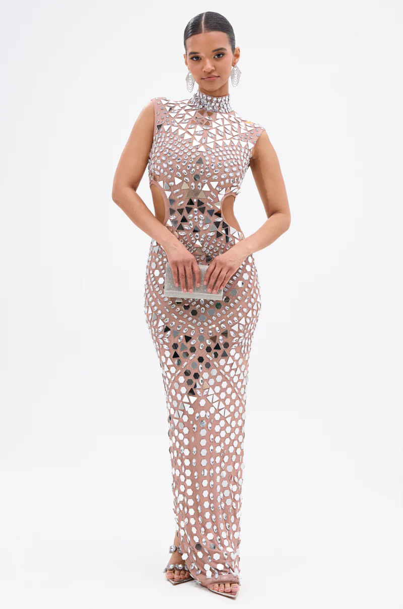 QUEEN OF EVERYTHING MIRRORED MAXI DRESS IN SILVER - Image 3