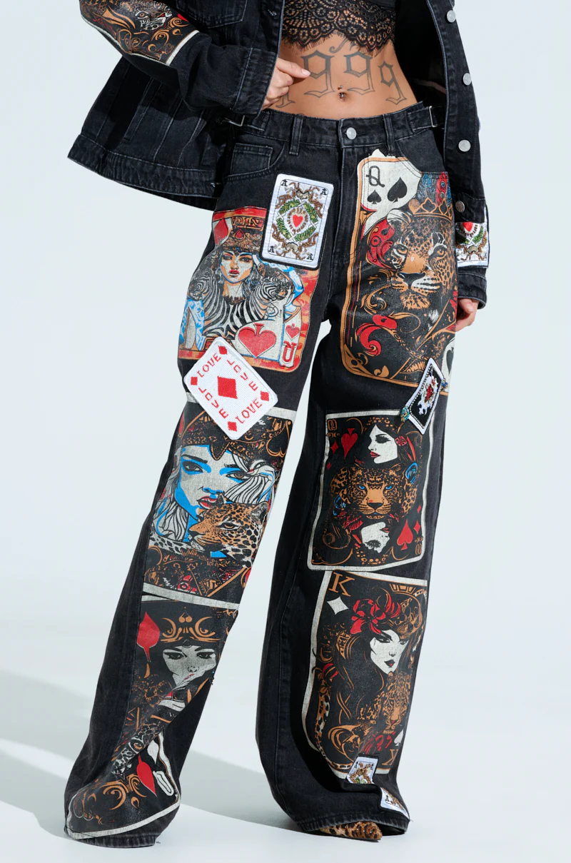 QUEEN OF HEARTS PRINTED AND EMBELLISHED DENIM PANTS - Image 2