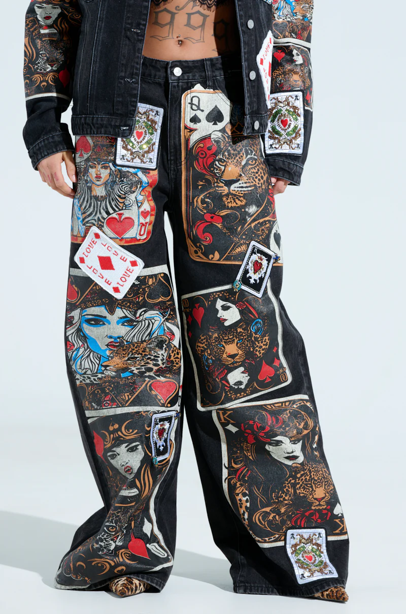 QUEEN OF HEARTS PRINTED AND EMBELLISHED DENIM PANTS - Image 3
