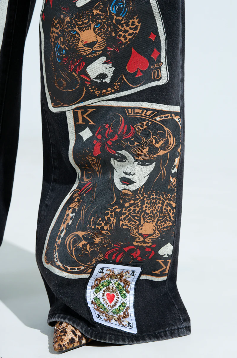 QUEEN OF HEARTS PRINTED AND EMBELLISHED DENIM PANTS - Image 9
