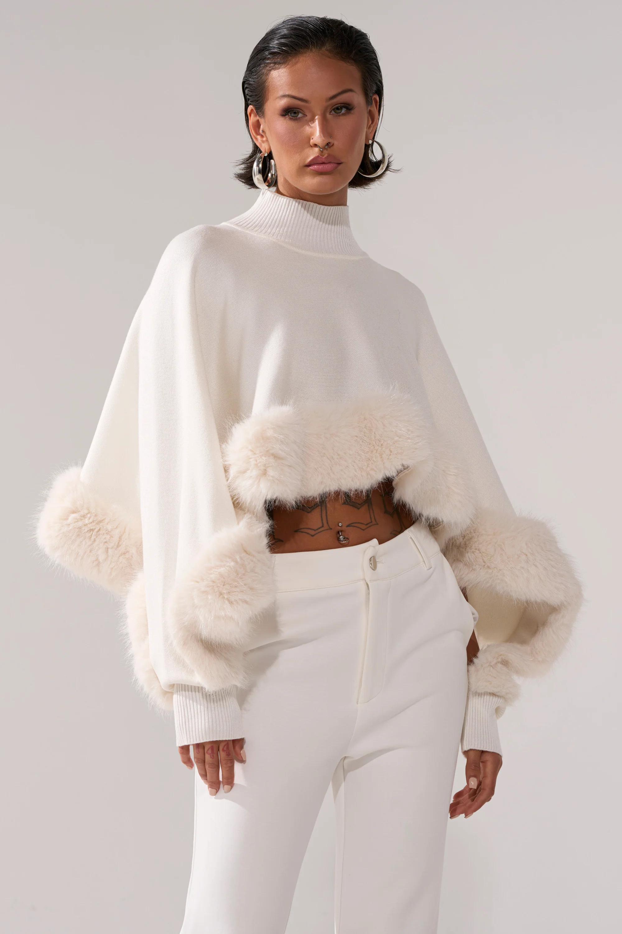 QUIET LUX FUR TRIM SWEATER IN WHITE - Image 3