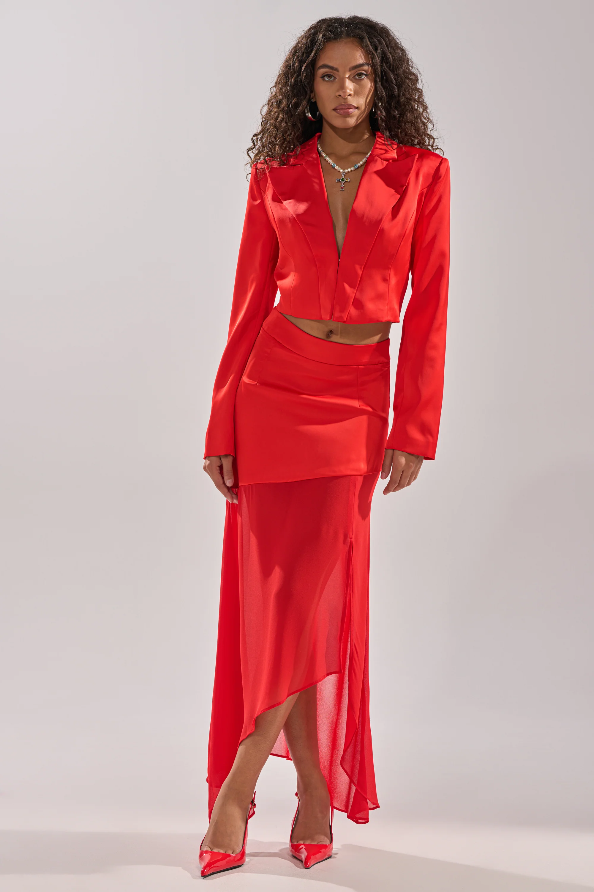 RED HOT ASYMMETRICAL MIDI SKIRT