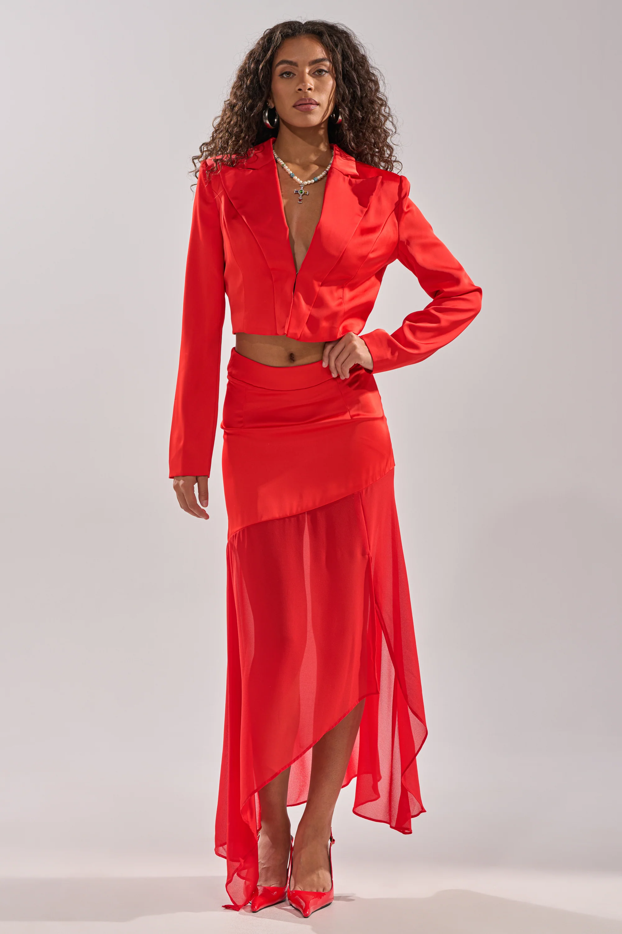 RED HOT ASYMMETRICAL MIDI SKIRT - Image 9