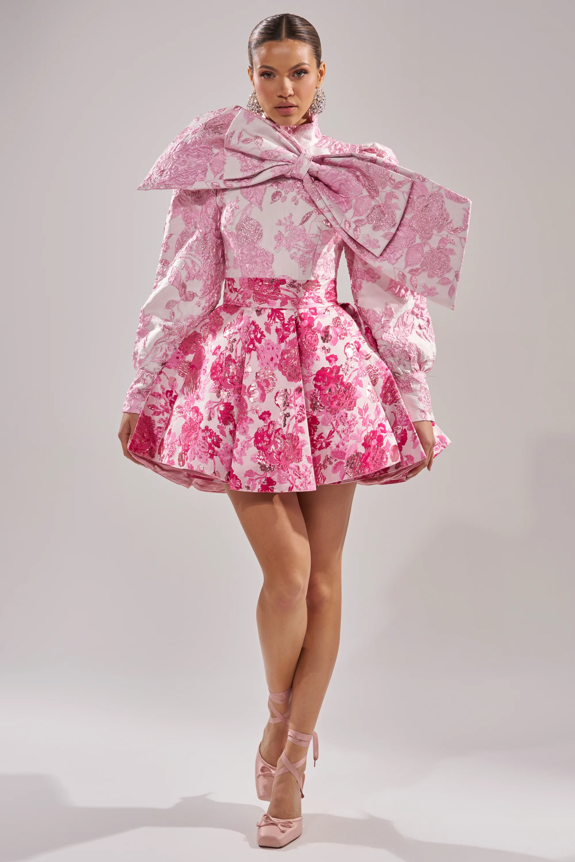 RENAISSANCE TWO-TONE BROCADE MINI DRESS IN PINK