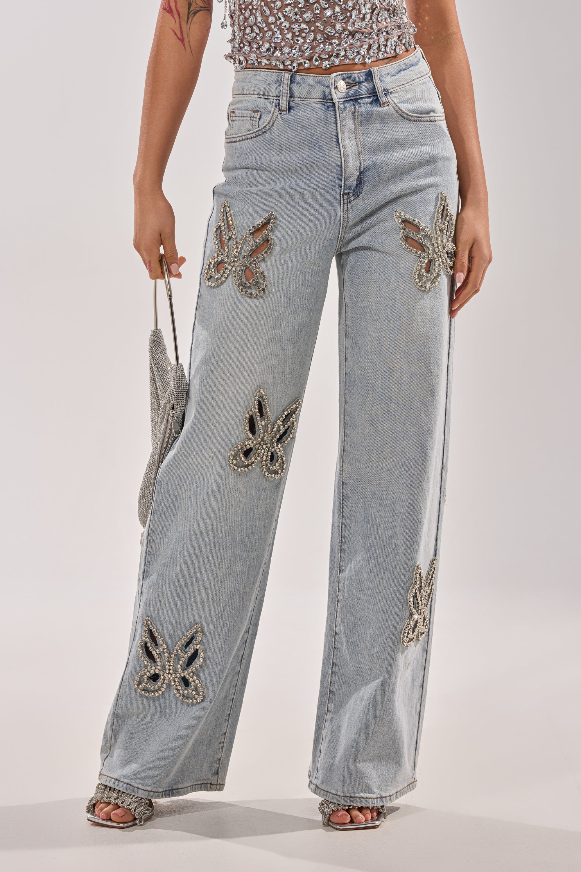 RHINESTONE BUTTERFLY CUTOUT DENIM JEANS - Image 2