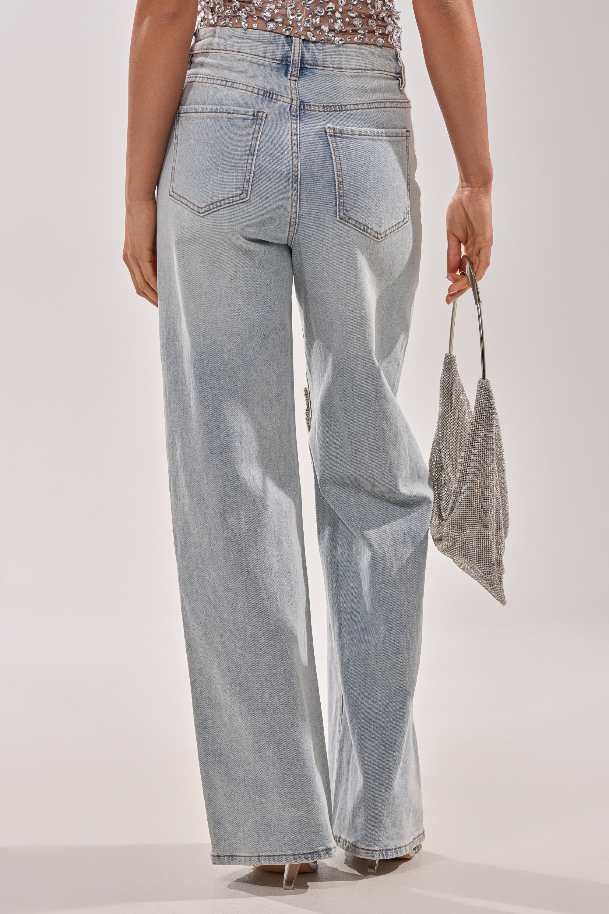 RHINESTONE BUTTERFLY CUTOUT DENIM JEANS - Image 4