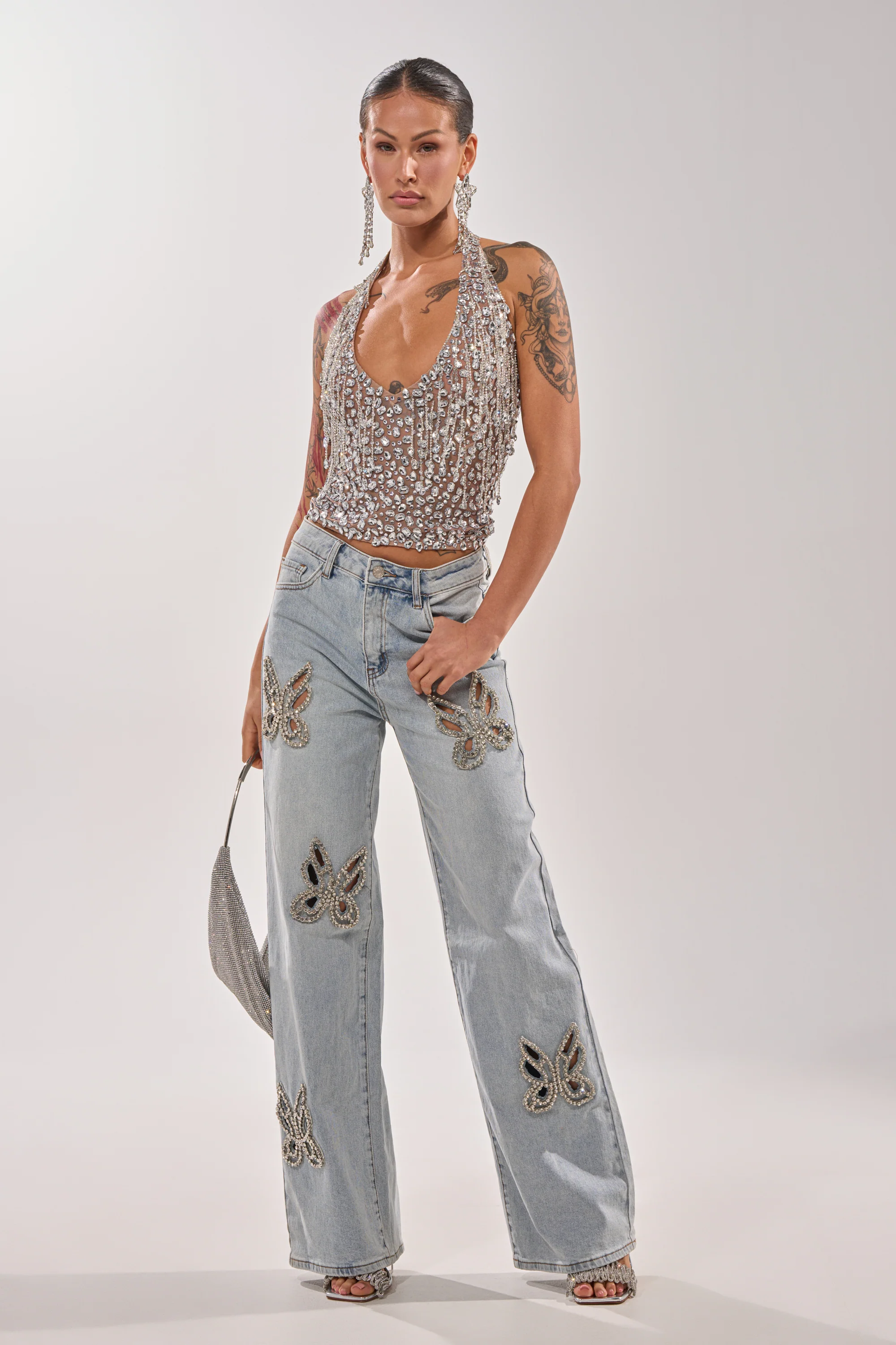 RHINESTONE BUTTERFLY CUTOUT DENIM JEANS - Image 5