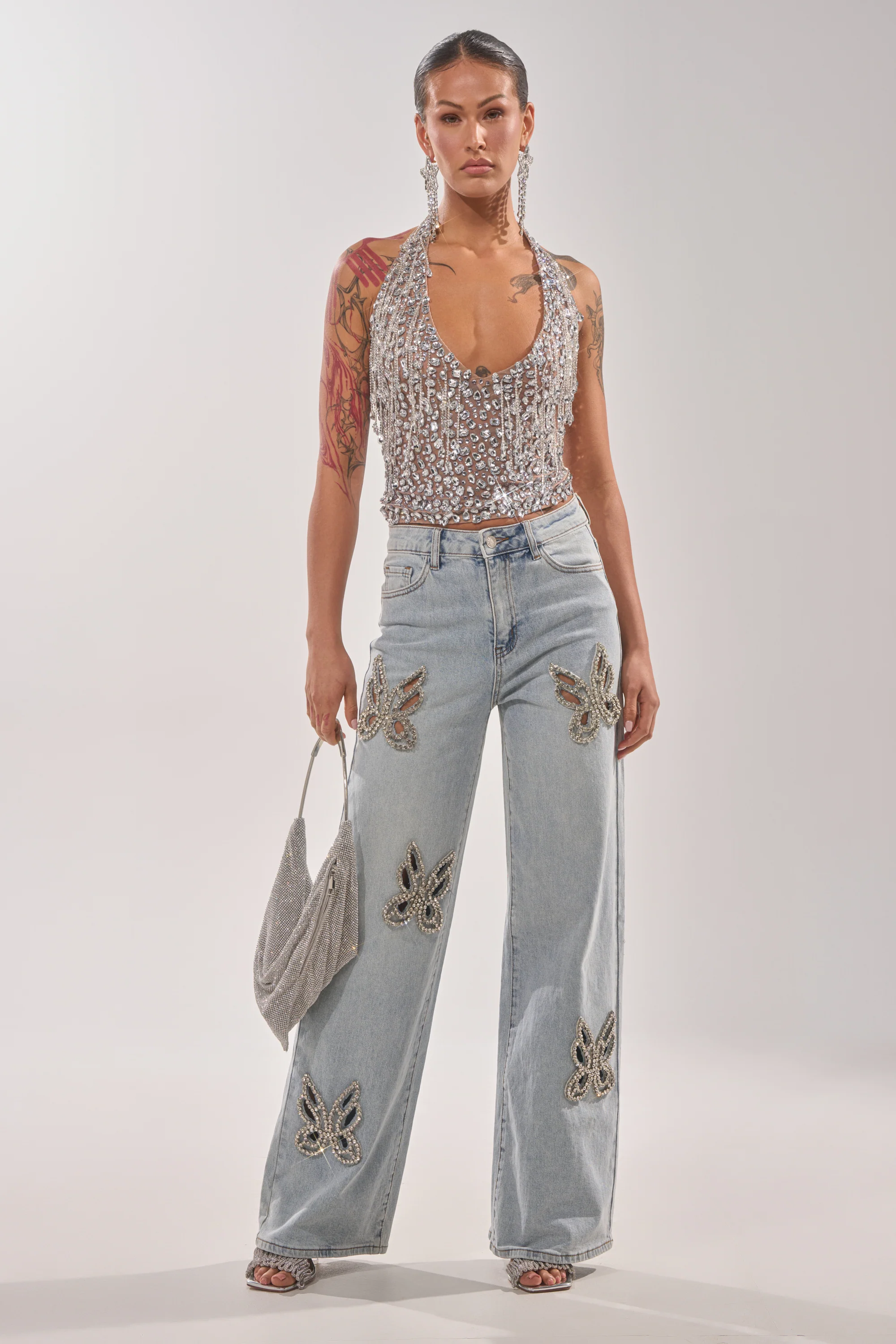 RHINESTONE BUTTERFLY CUTOUT DENIM JEANS - Image 7