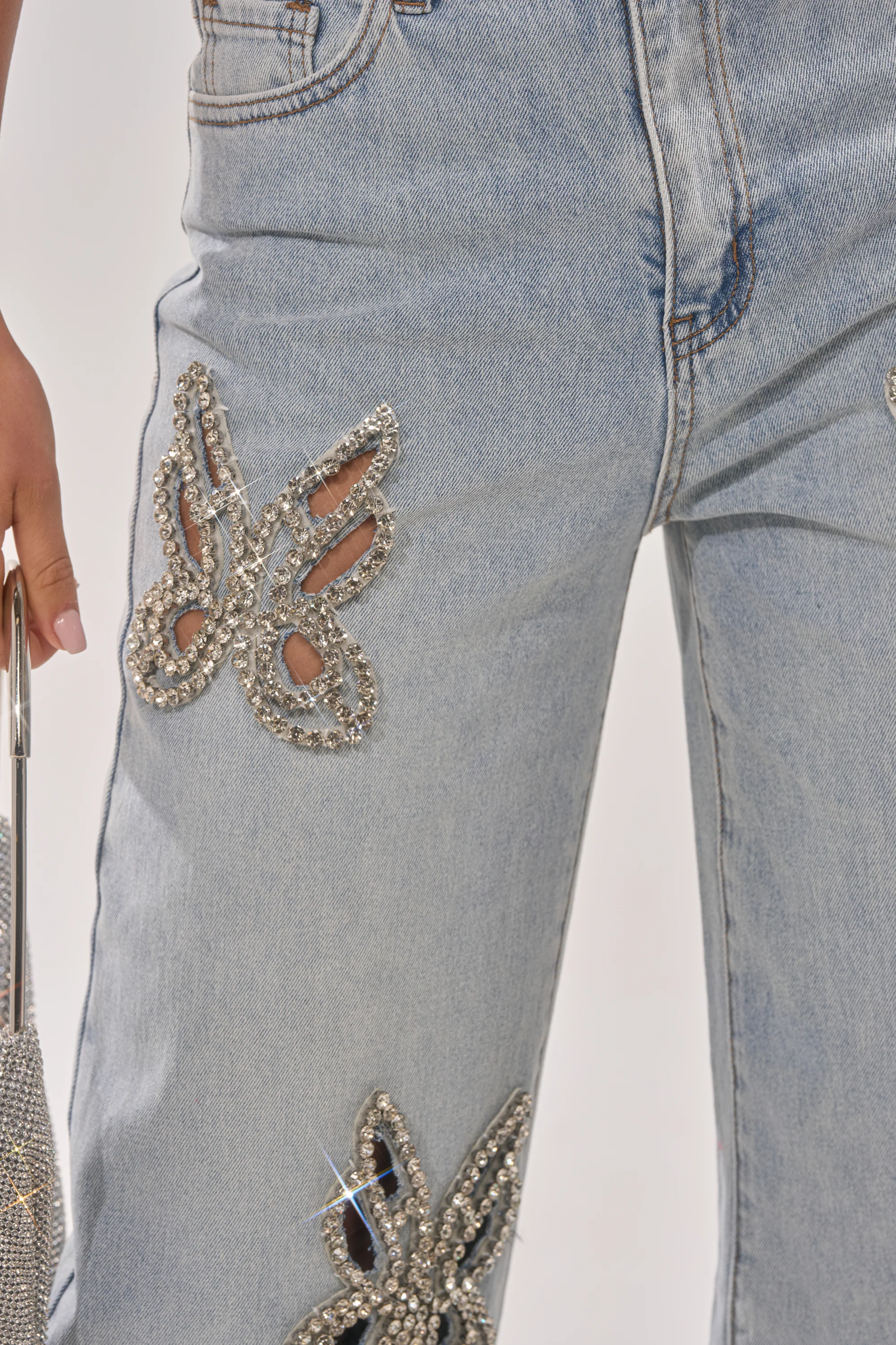 RHINESTONE BUTTERFLY CUTOUT DENIM JEANS - Image 8