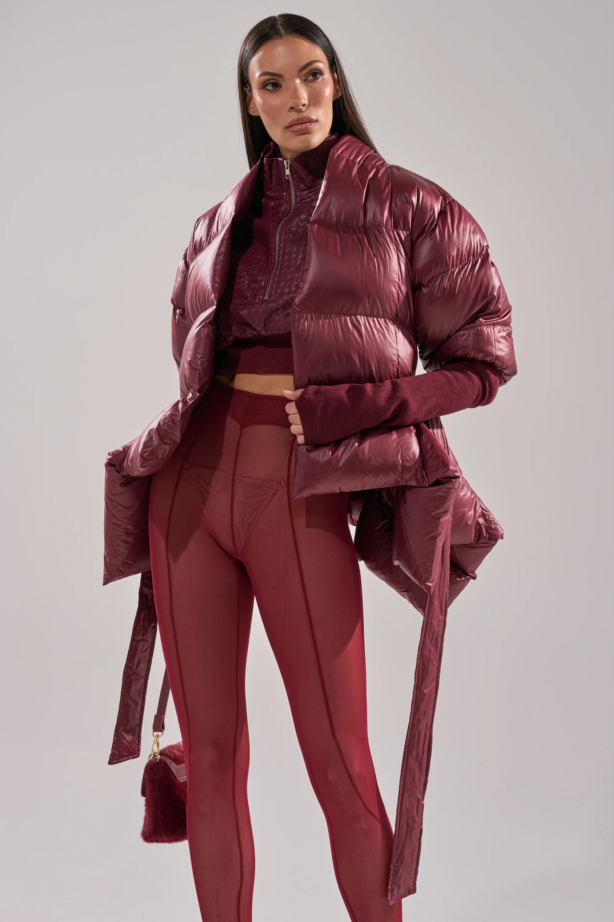 RIB SLEEVE PEPLUM PUFFER IN BURGUNDY - Image 2