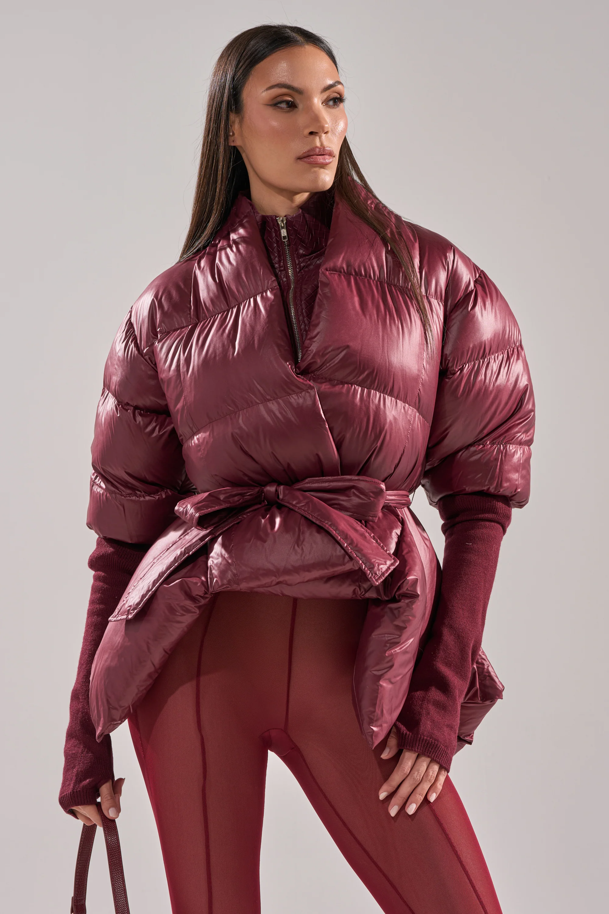 RIB SLEEVE PEPLUM PUFFER IN BURGUNDY - Image 3