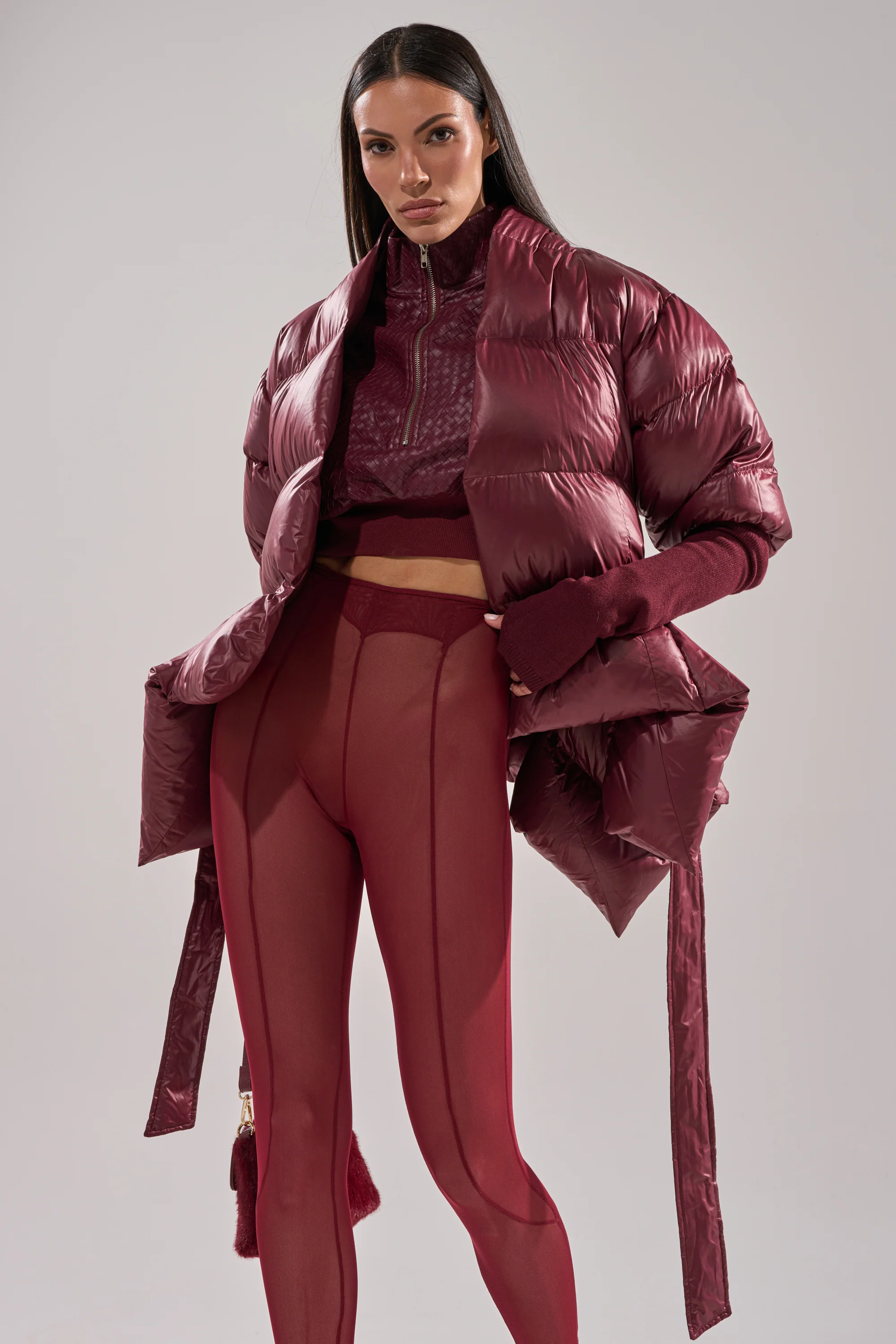 RIB SLEEVE PEPLUM PUFFER IN BURGUNDY - Image 4