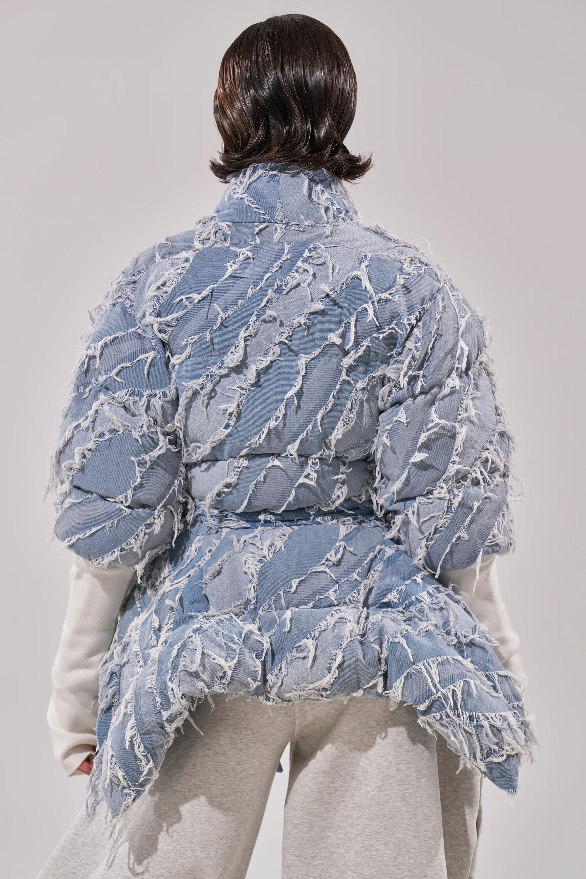 RIB SLEEVE PEPLUM PUFFER IN DENIM - Image 4