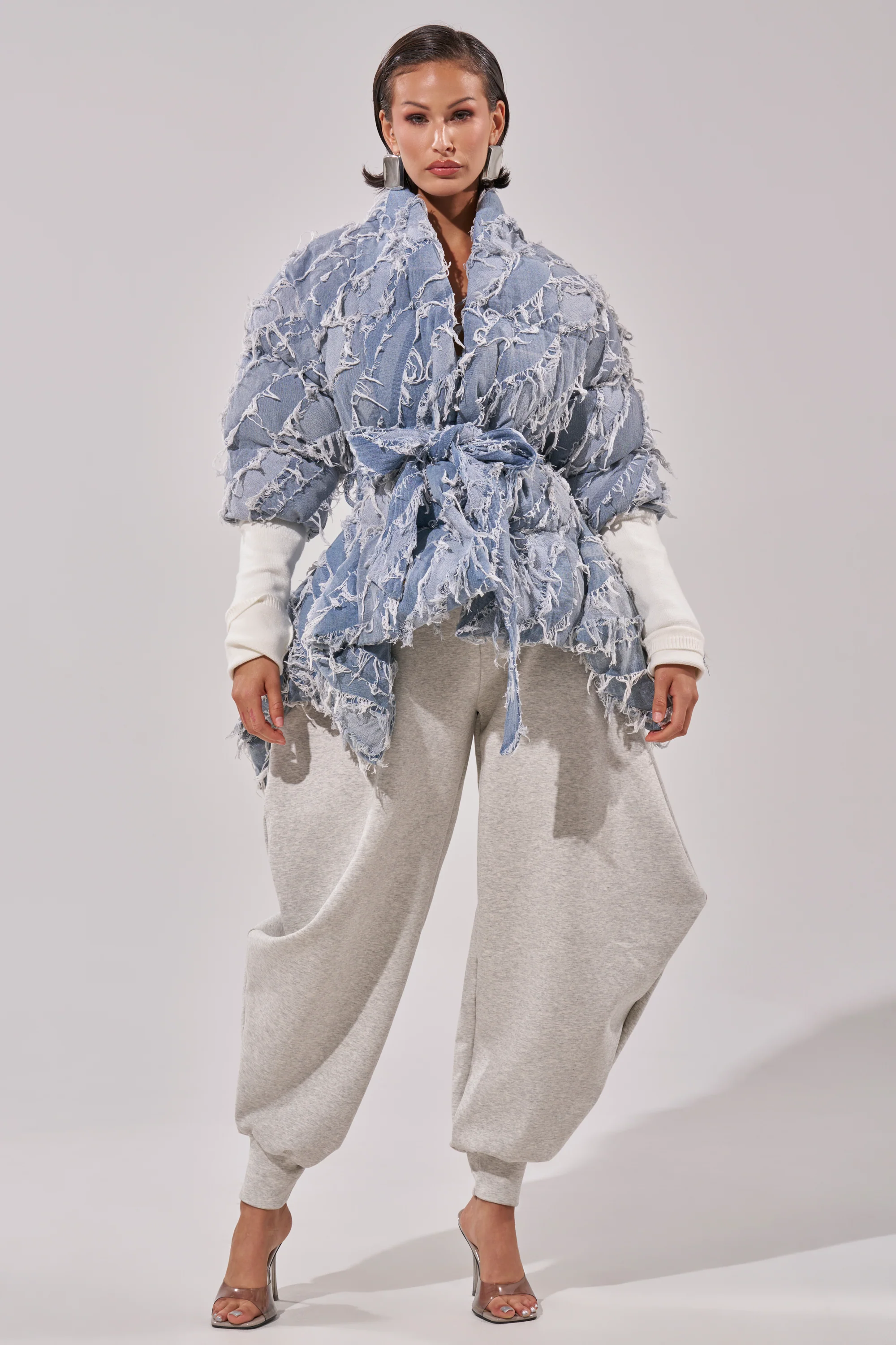 RIB SLEEVE PEPLUM PUFFER IN DENIM - Image 5