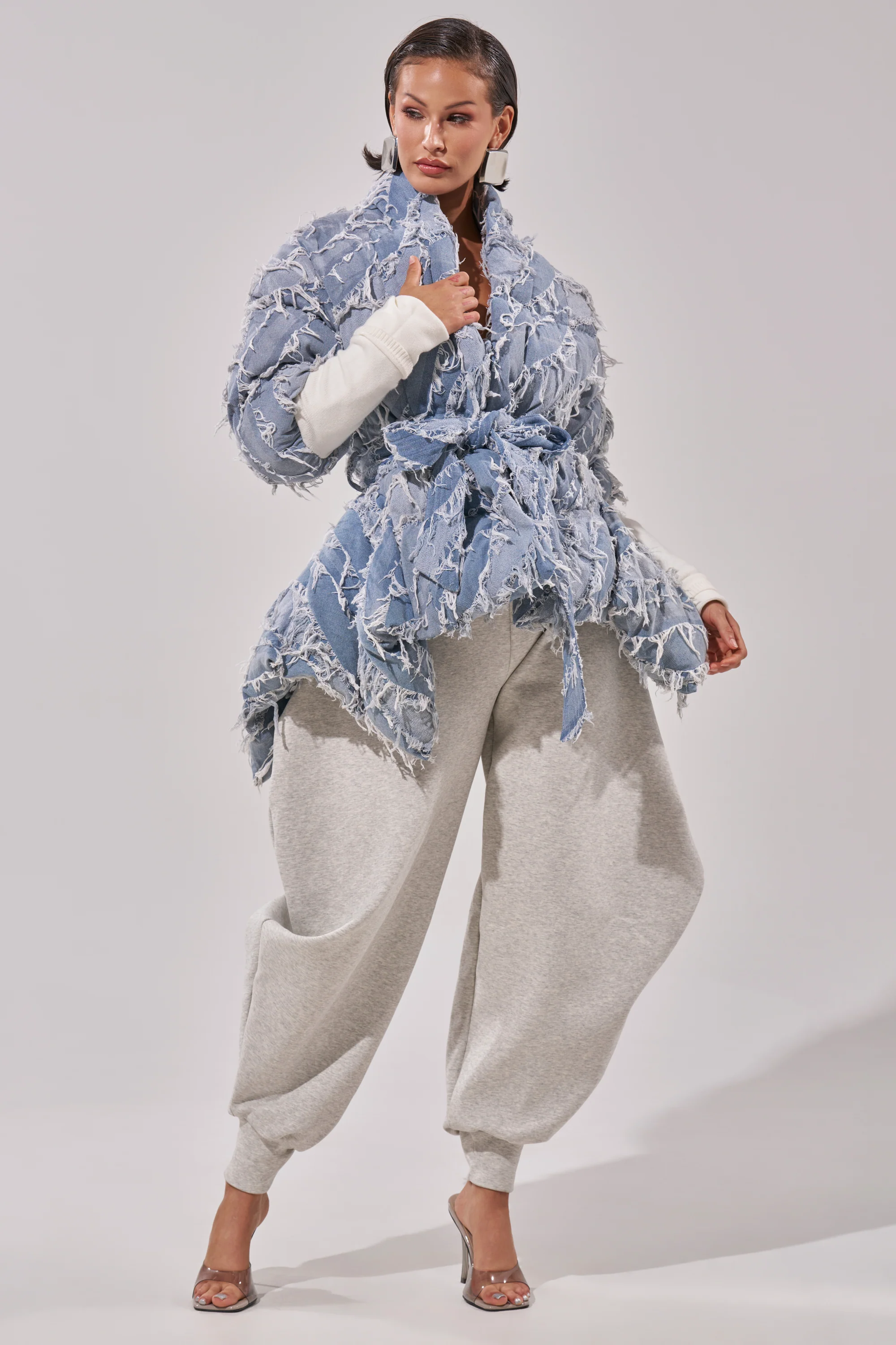 RIB SLEEVE PEPLUM PUFFER IN DENIM - Image 6