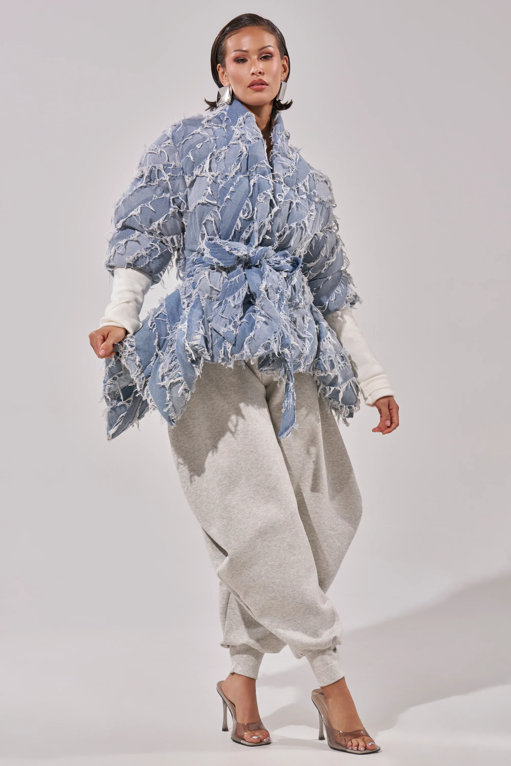 RIB SLEEVE PEPLUM PUFFER IN DENIM - Image 7