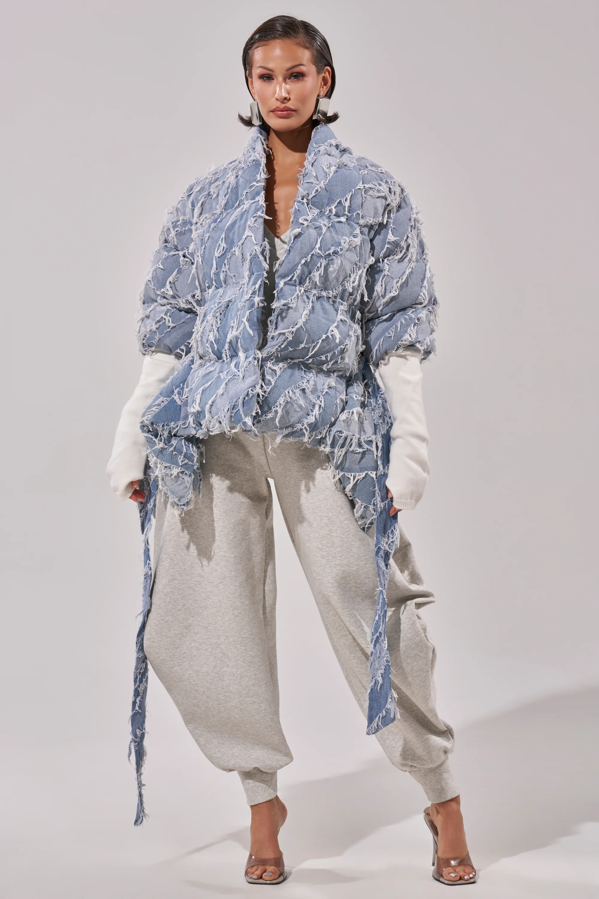 RIB SLEEVE PEPLUM PUFFER IN DENIM - Image 8