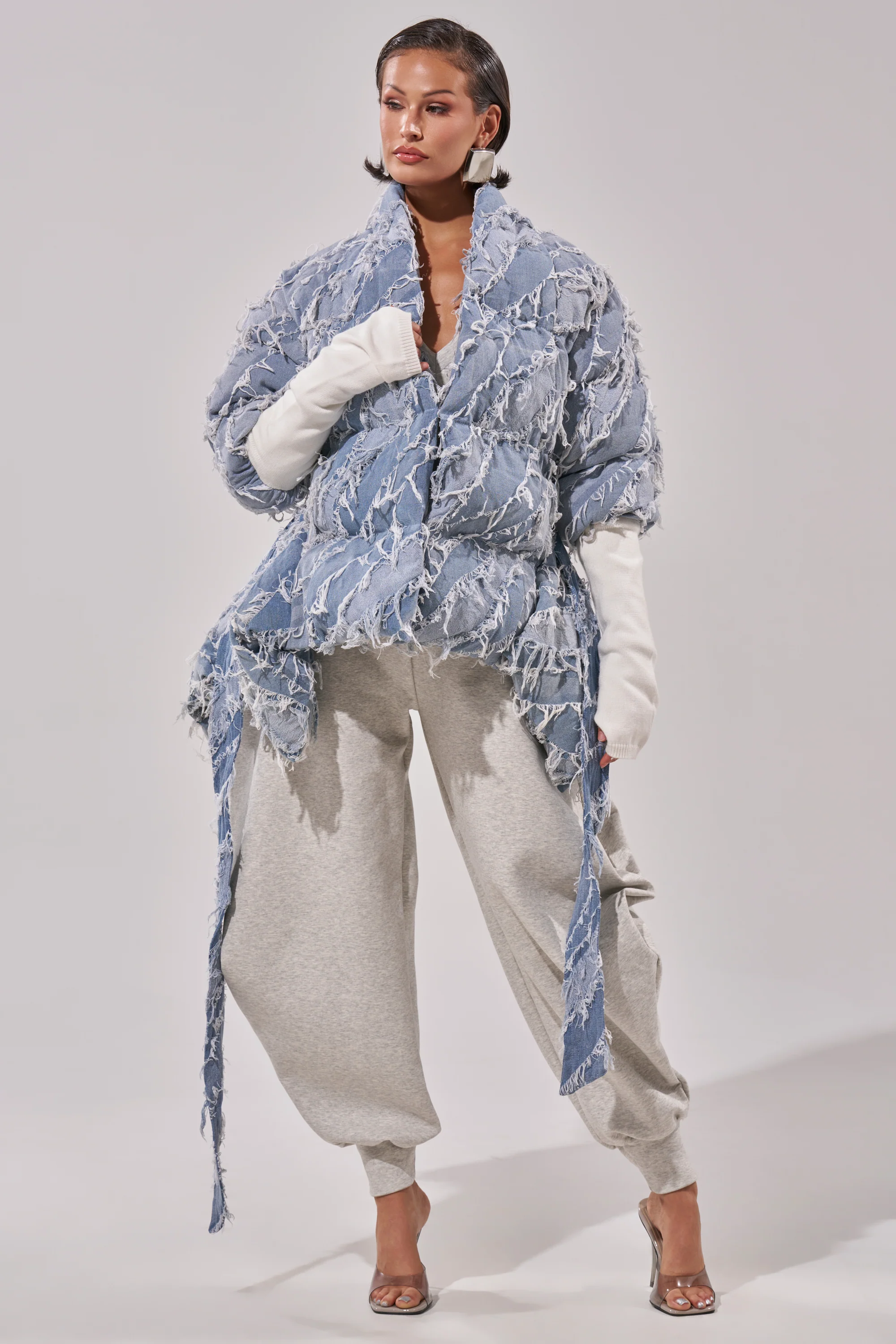 RIB SLEEVE PEPLUM PUFFER IN DENIM - Image 9