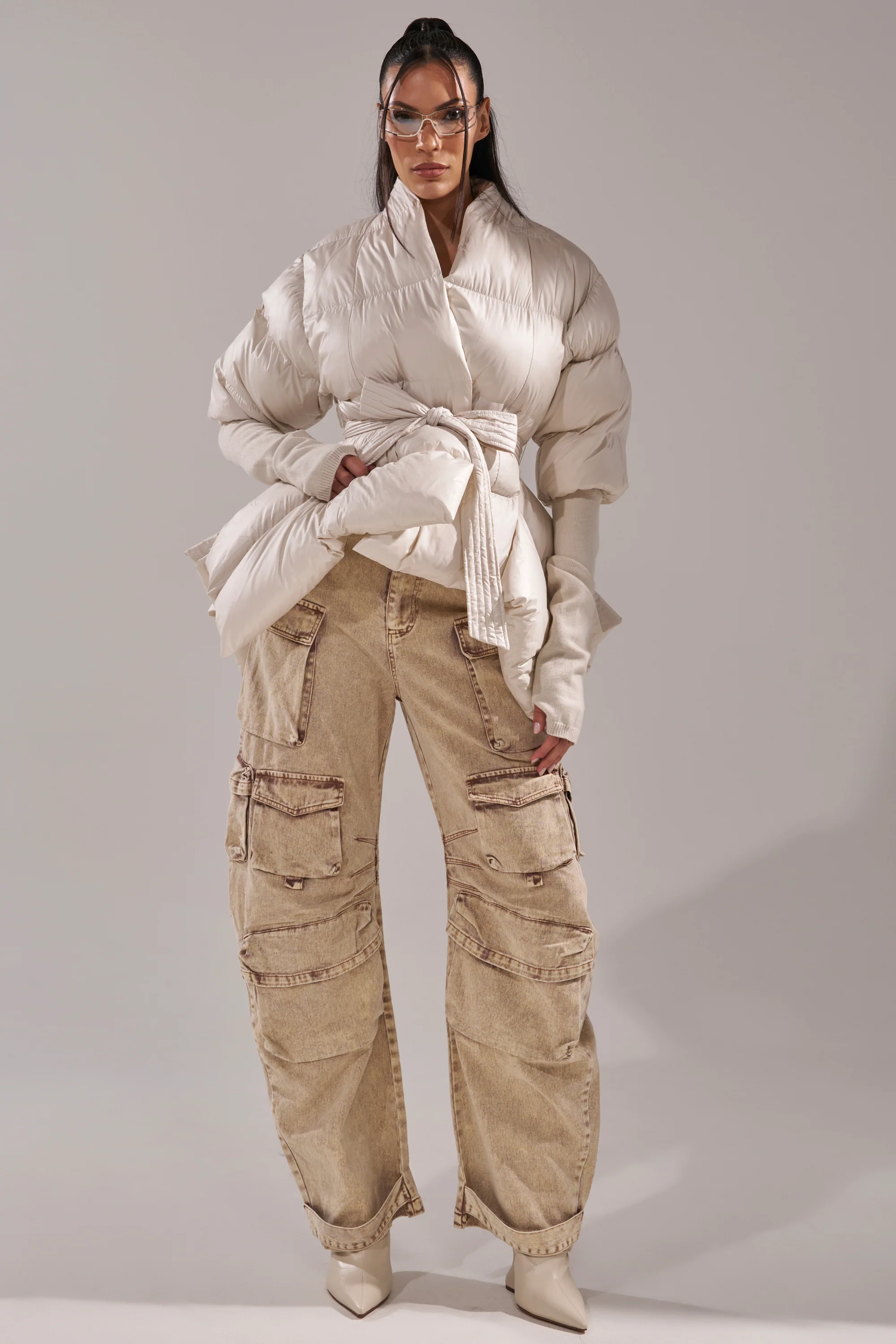 RIB SLEEVE PEPLUM PUFFER IN IVORY - Image 11