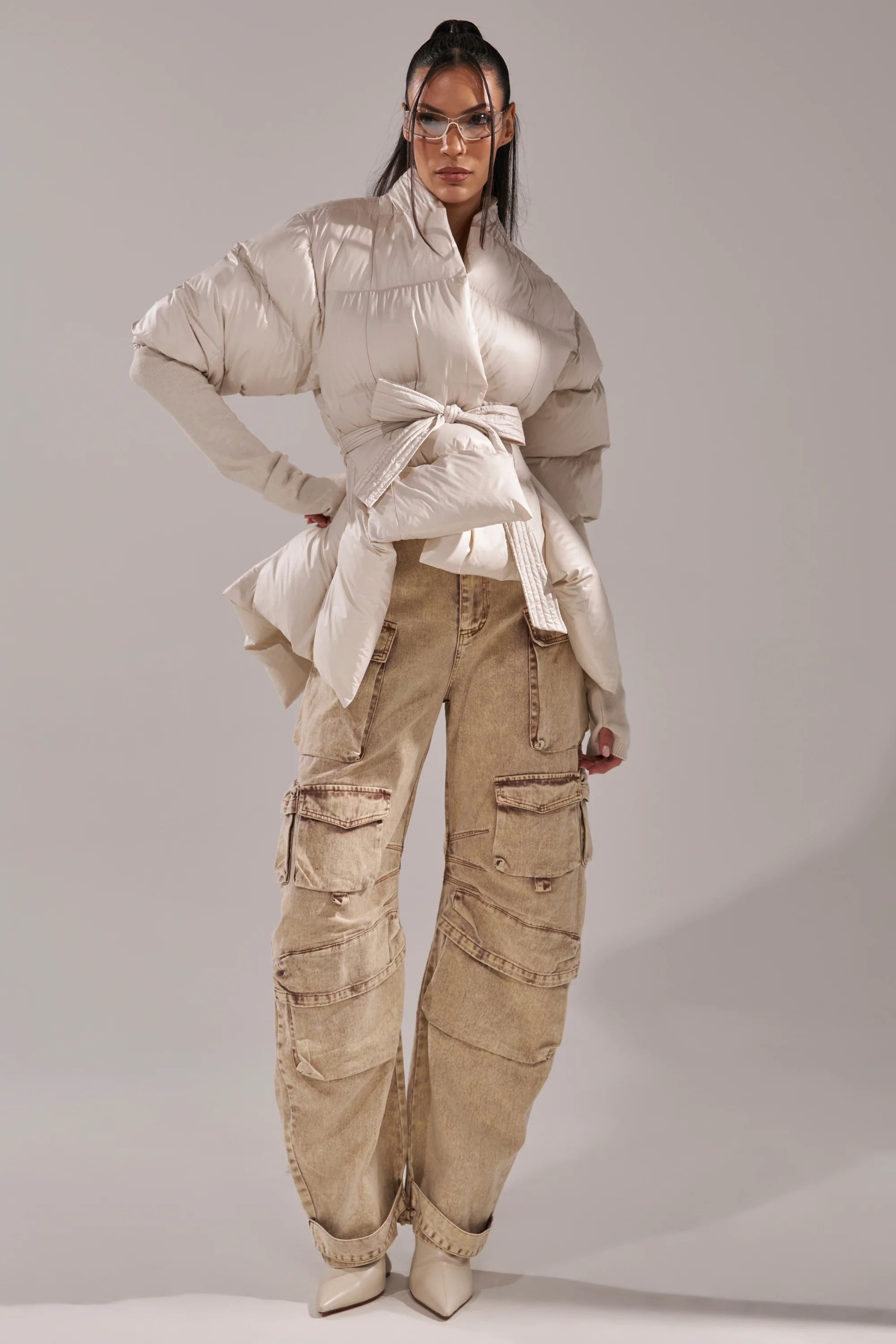 RIB SLEEVE PEPLUM PUFFER IN IVORY - Image 12
