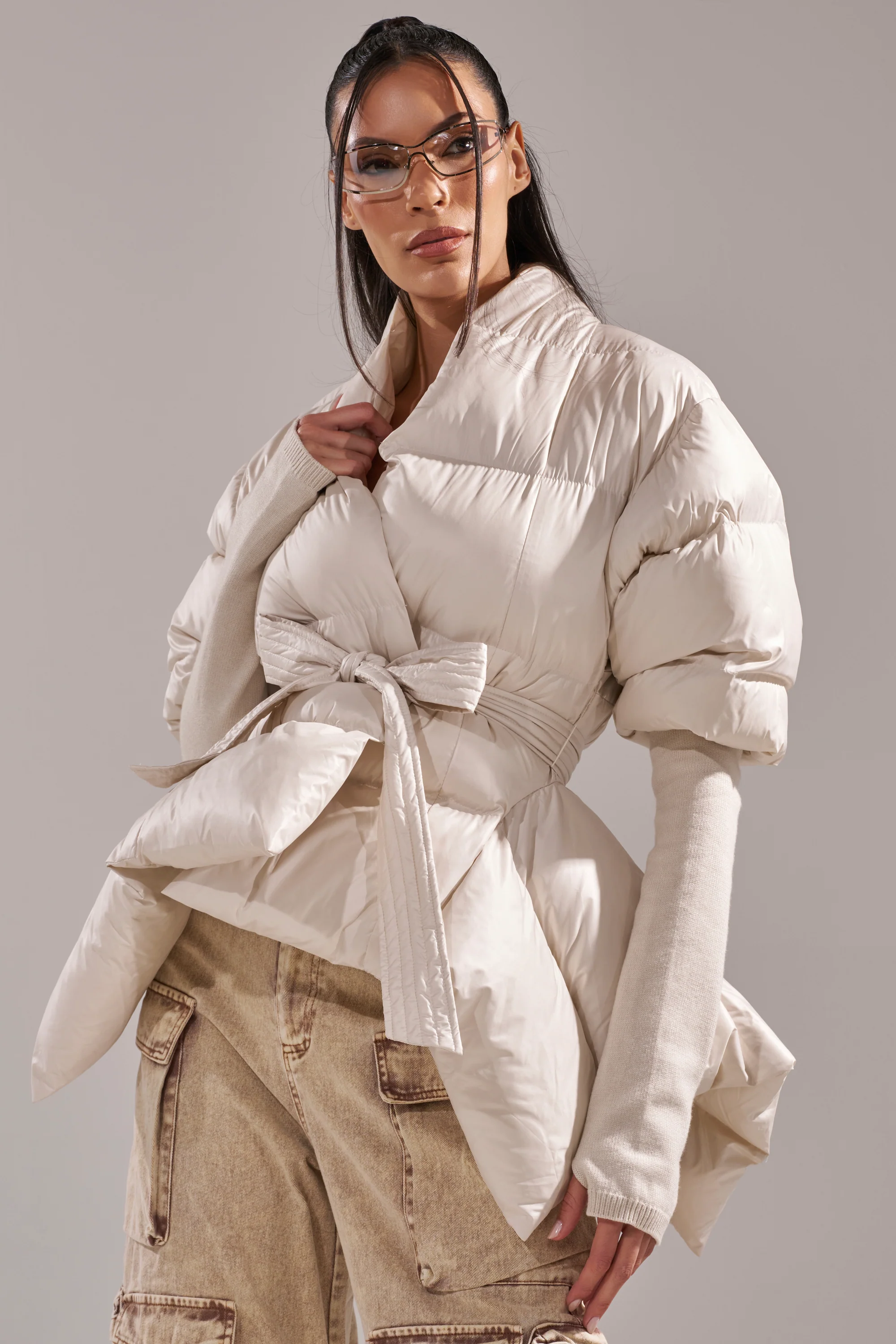 RIB SLEEVE PEPLUM PUFFER IN IVORY - Image 2