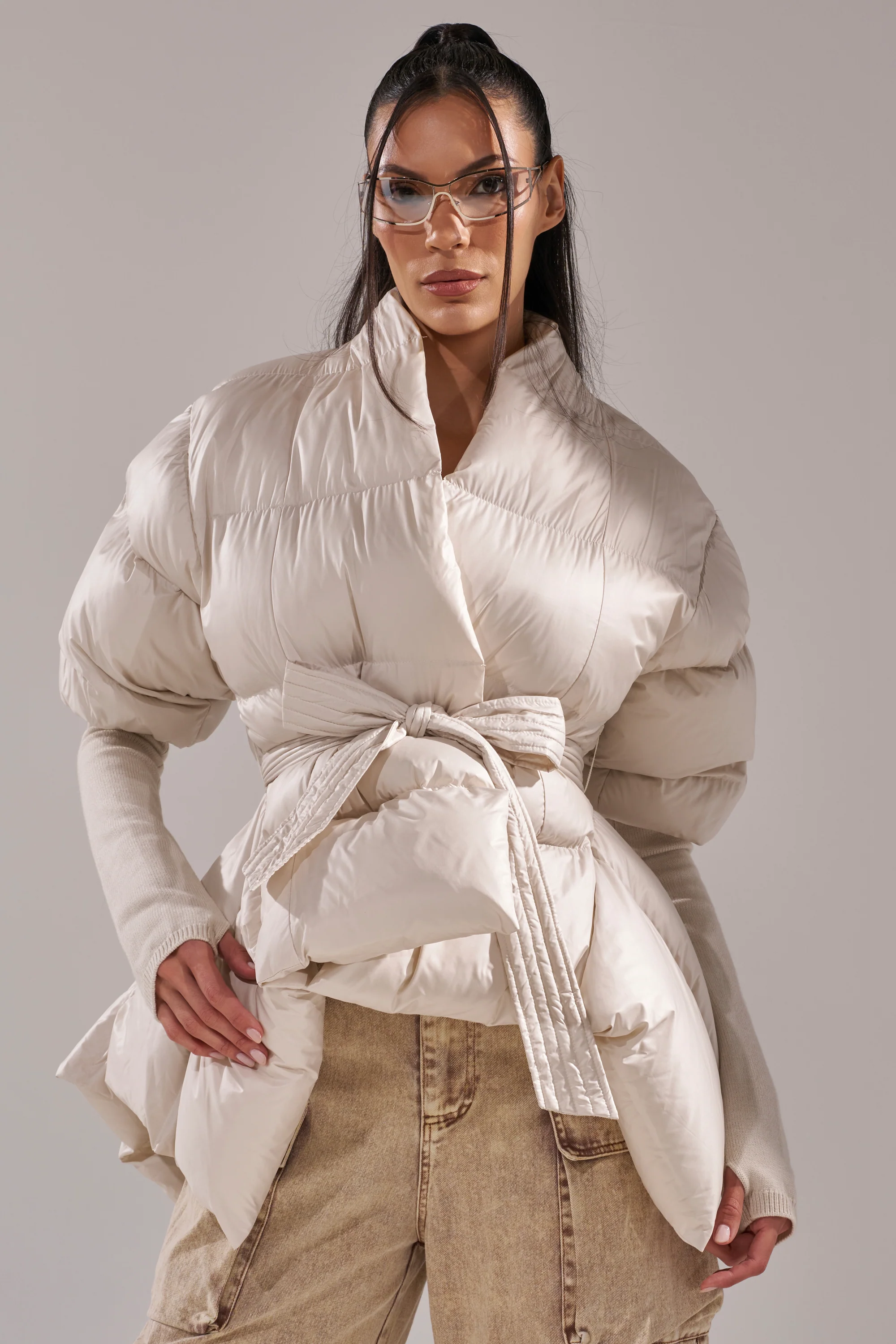 RIB SLEEVE PEPLUM PUFFER IN IVORY - Image 3
