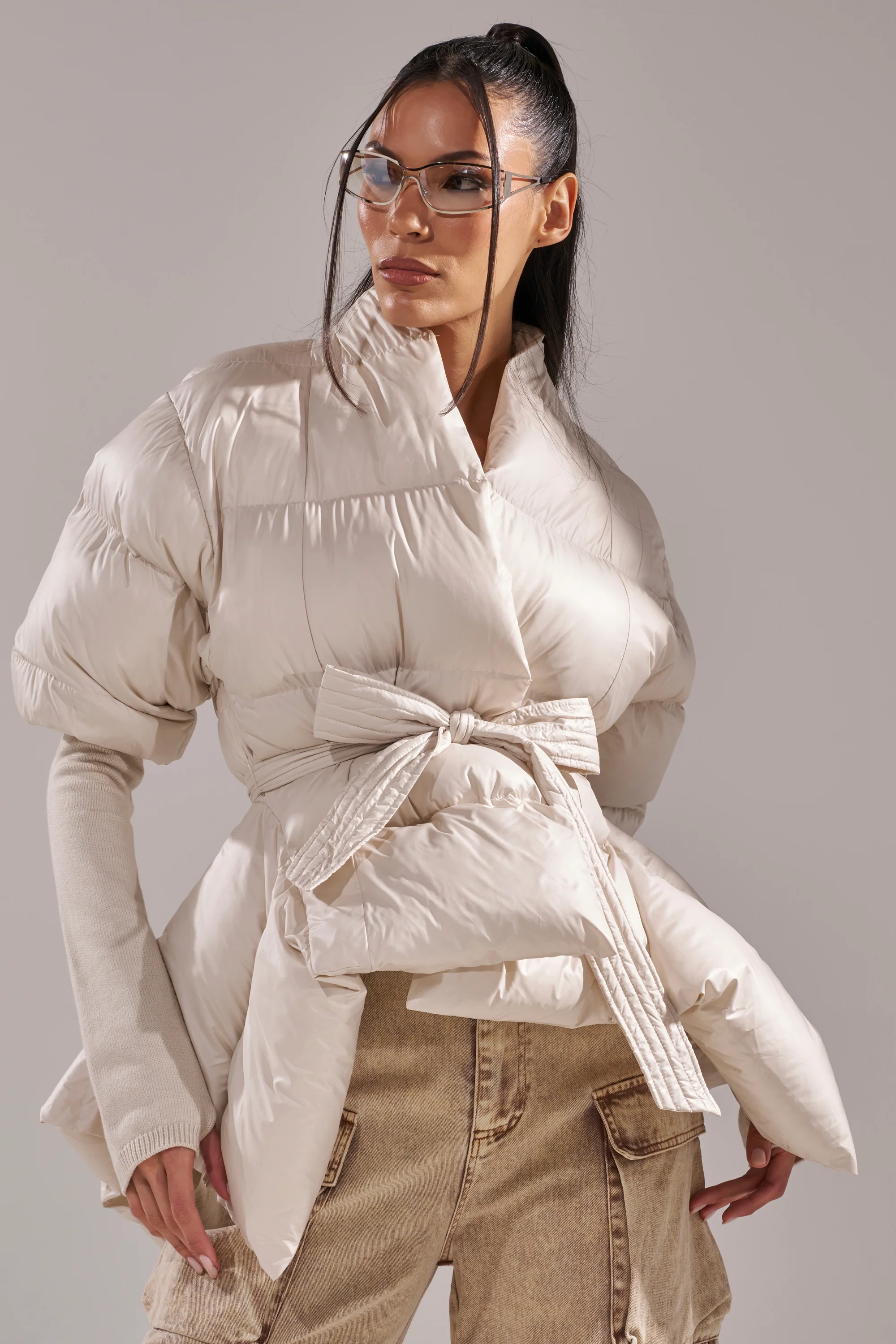 RIB SLEEVE PEPLUM PUFFER IN IVORY - Image 5