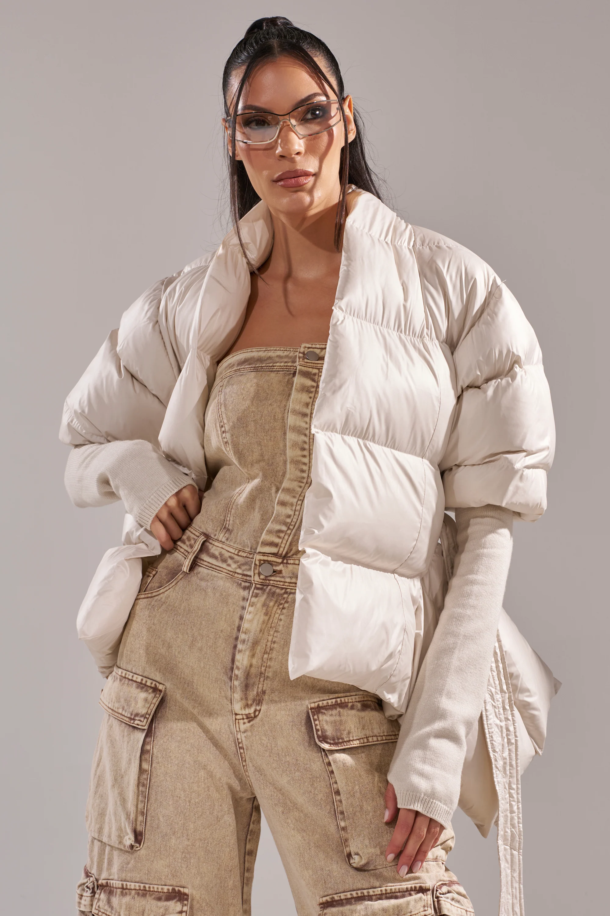 RIB SLEEVE PEPLUM PUFFER IN IVORY - Image 7