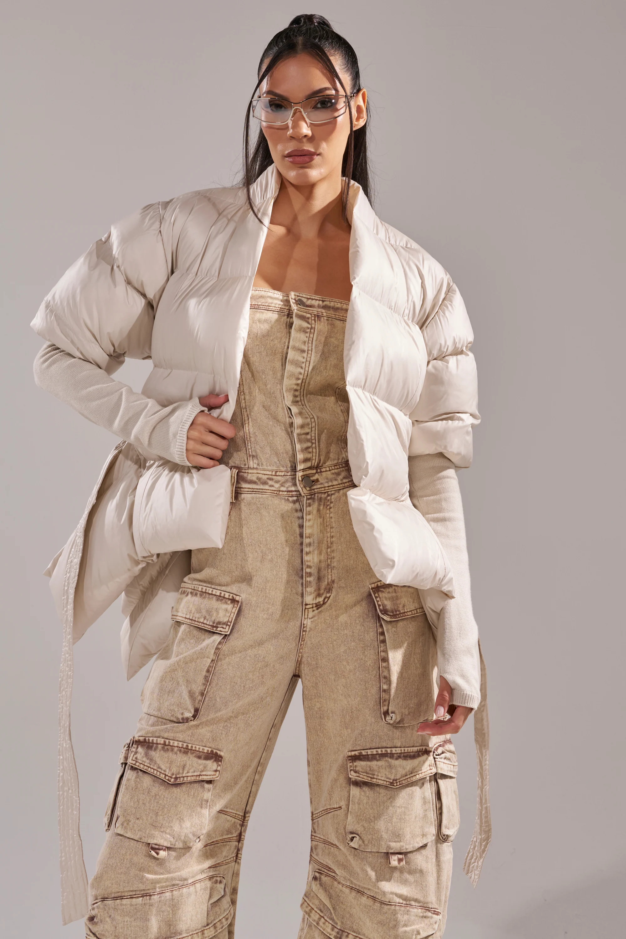 RIB SLEEVE PEPLUM PUFFER IN IVORY - Image 8