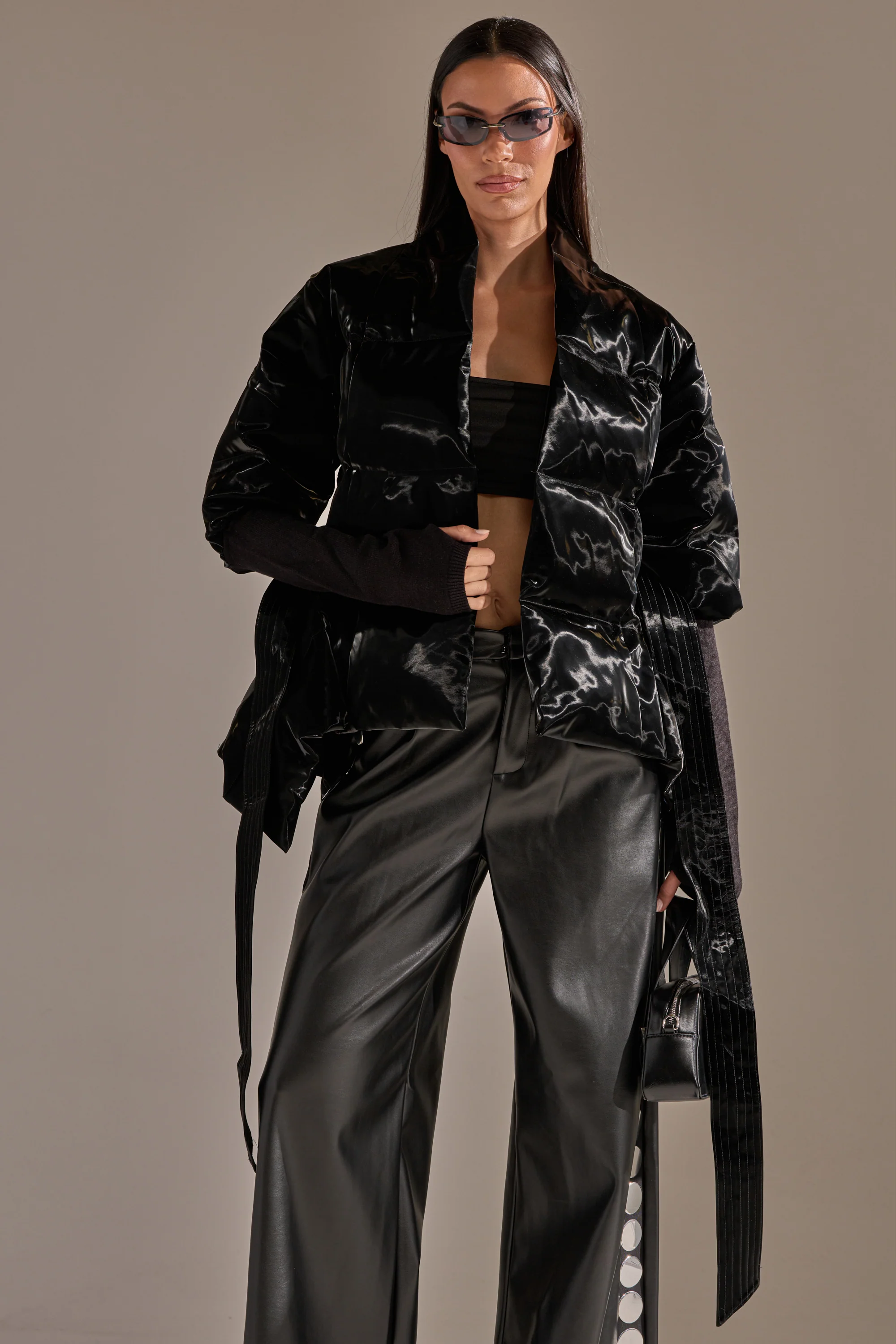 RIB SLEEVE PEPLUM PUFFER IN LIQUID VELVET - Image 6
