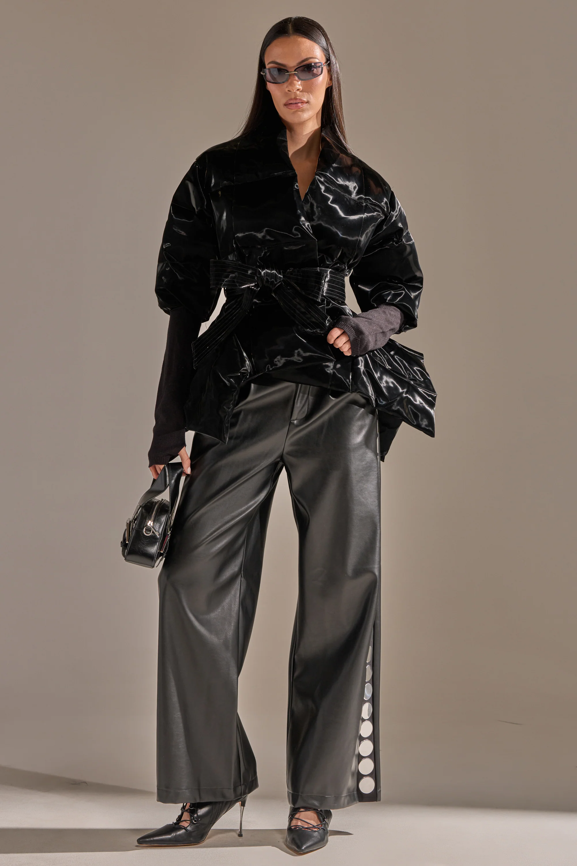RIB SLEEVE PEPLUM PUFFER IN LIQUID VELVET - Image 8