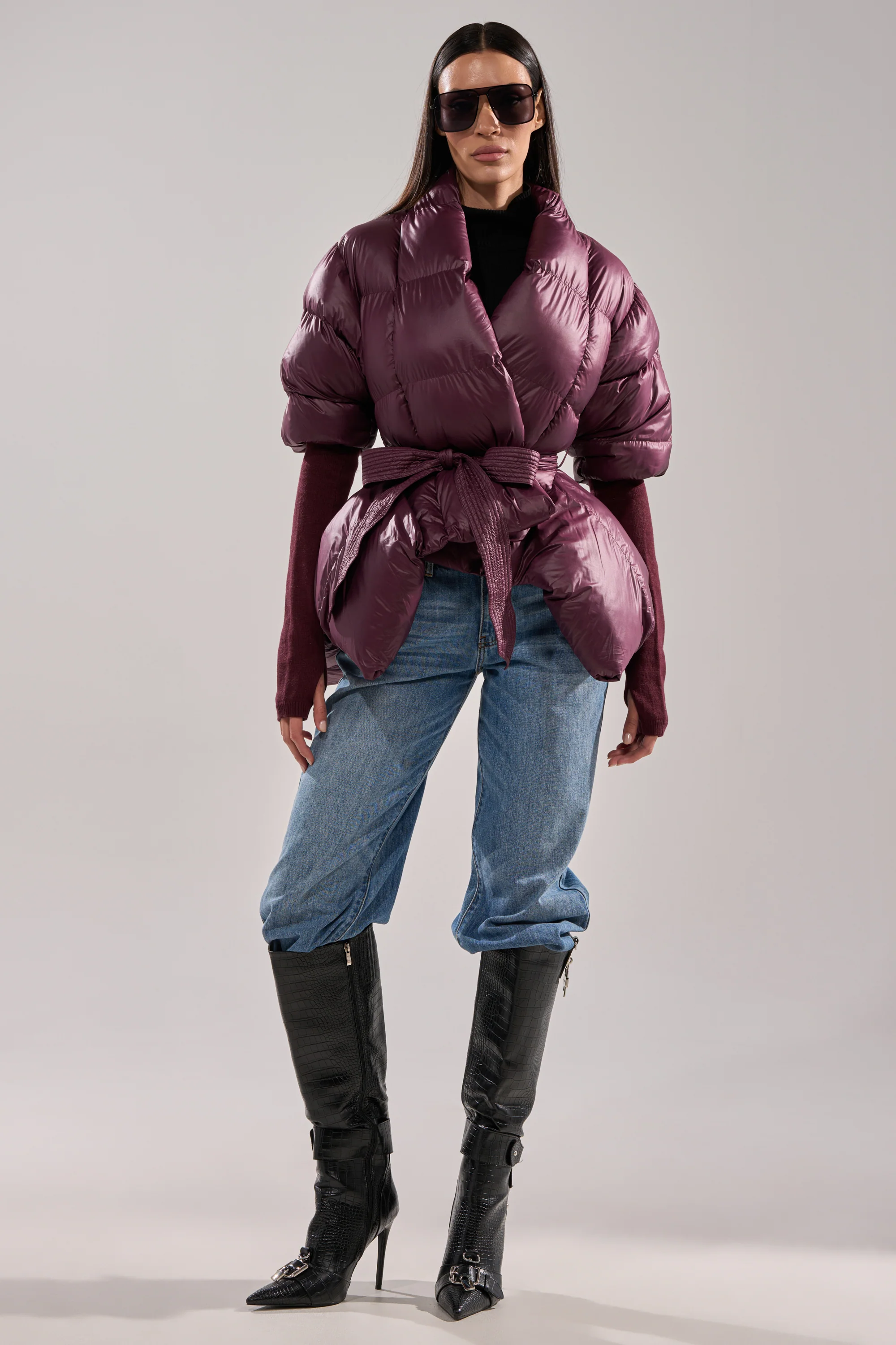 RIB SLEEVE PEPLUM PUFFER IN PURPLE - Image 5
