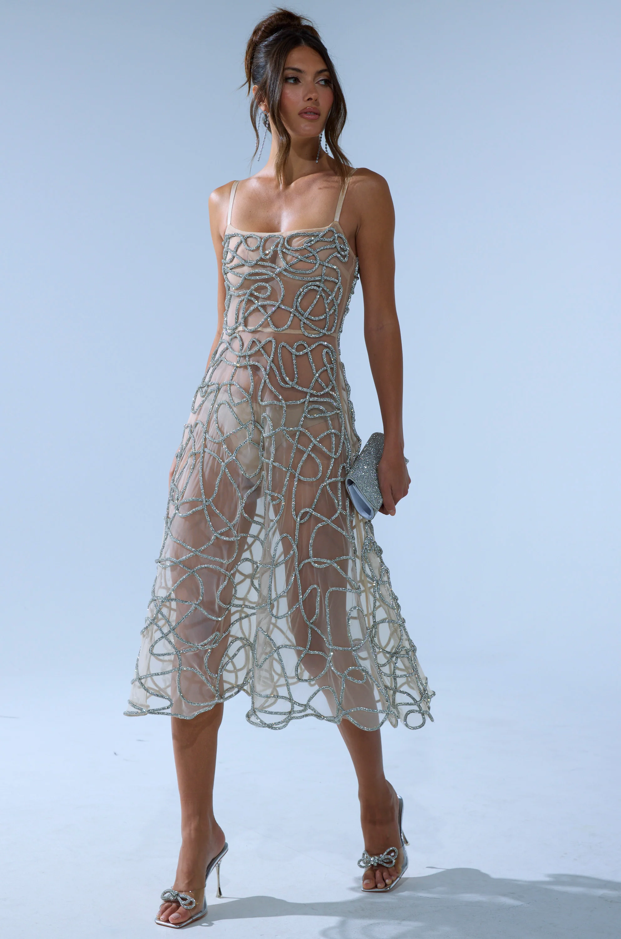 RIGHT THIS WAY RHINESTONE MIDI DRESS IN NUDE