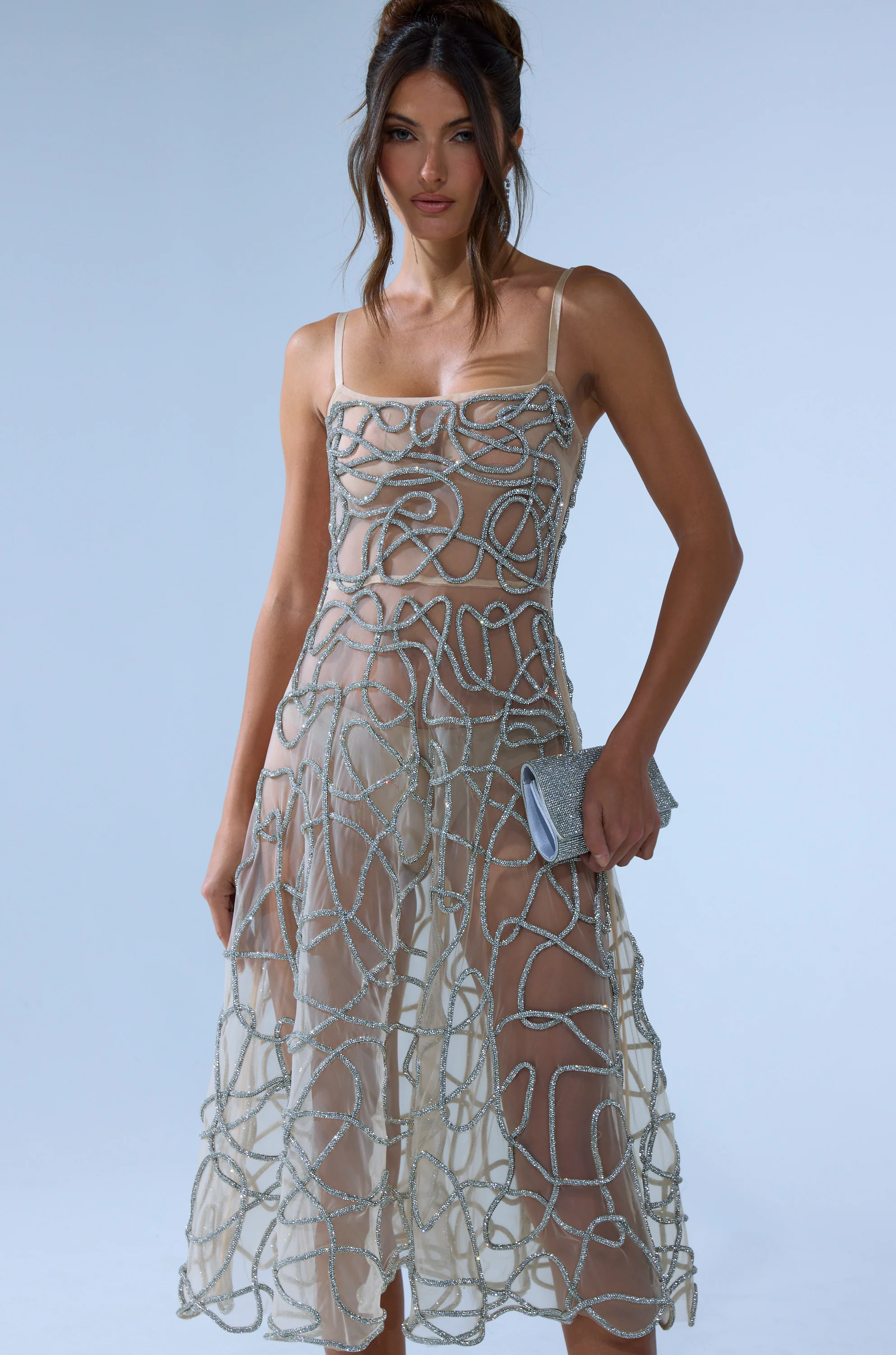 RIGHT THIS WAY RHINESTONE MIDI DRESS IN NUDE - Image 2