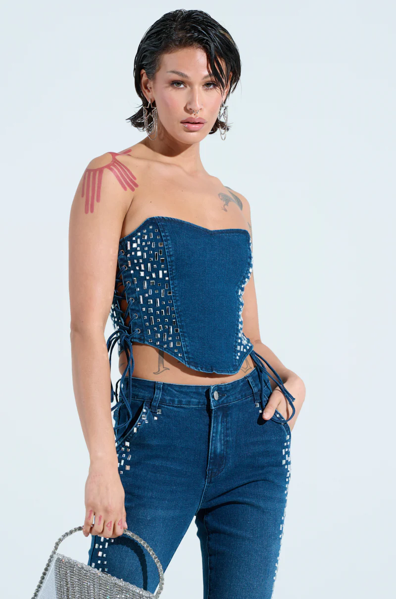 ROCKSTAR DENIM RHINESTONE CORSET TOP - Image 2