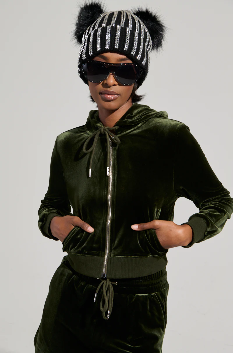 BRAT RHINESTONE VELVET OLIVE ZIP UP SWEATSHIRT - Image 2