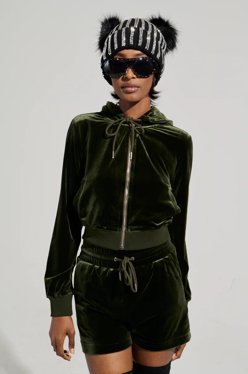 BRAT RHINESTONE VELVET OLIVE ZIP UP SWEATSHIRT - Image 3