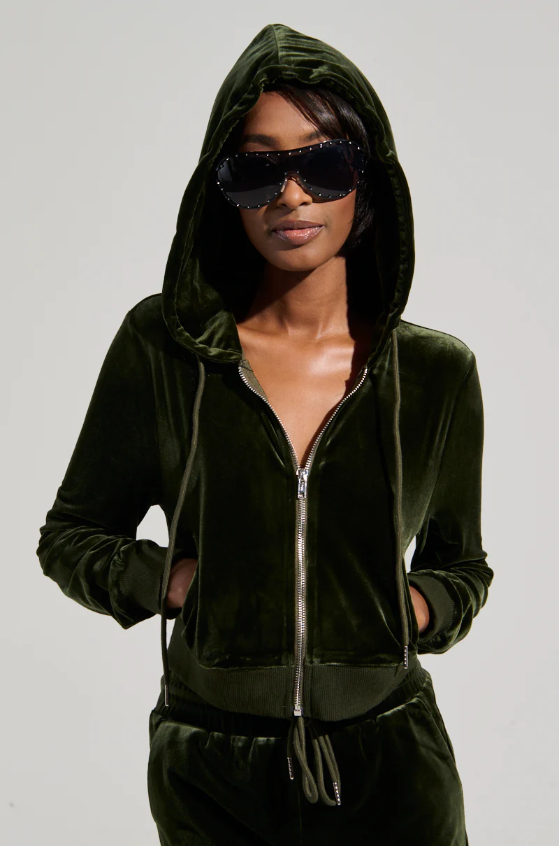 BRAT RHINESTONE VELVET OLIVE ZIP UP SWEATSHIRT - Image 4