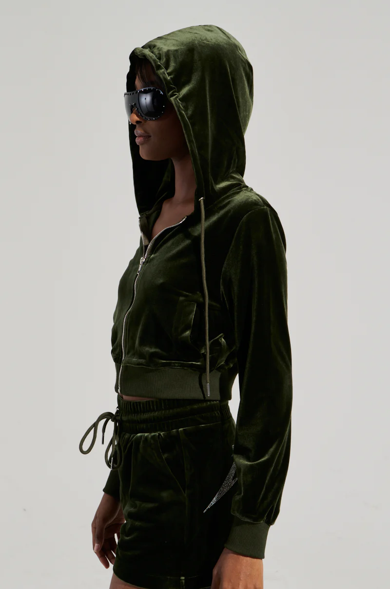 BRAT RHINESTONE VELVET OLIVE ZIP UP SWEATSHIRT - Image 5