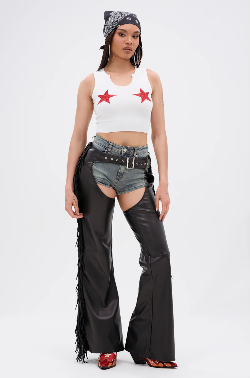 RODEO FRINGE FAUX LEATHER CHAPS