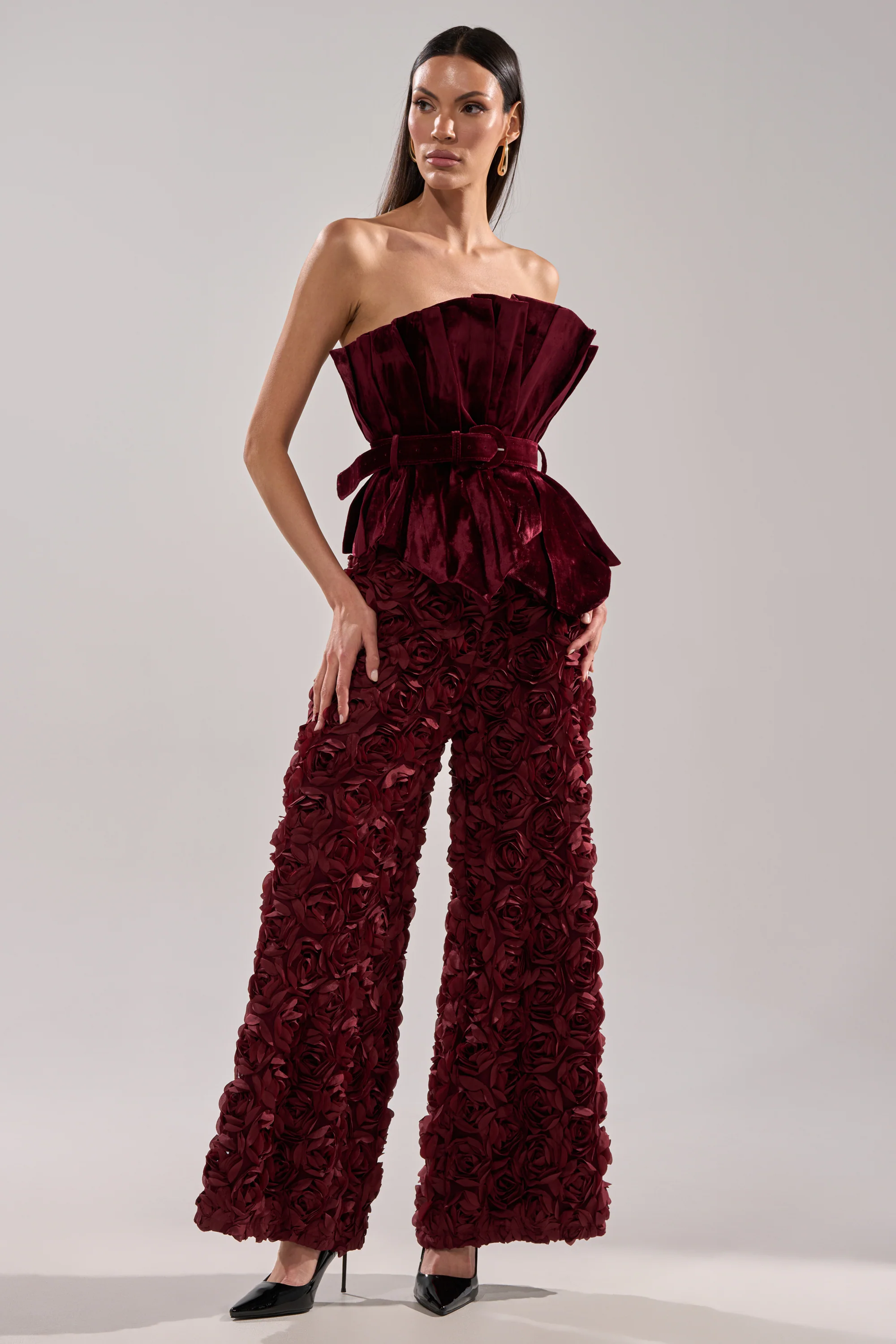 ROSE PETALS WIDE LEG TROUSER IN BURGUNDY