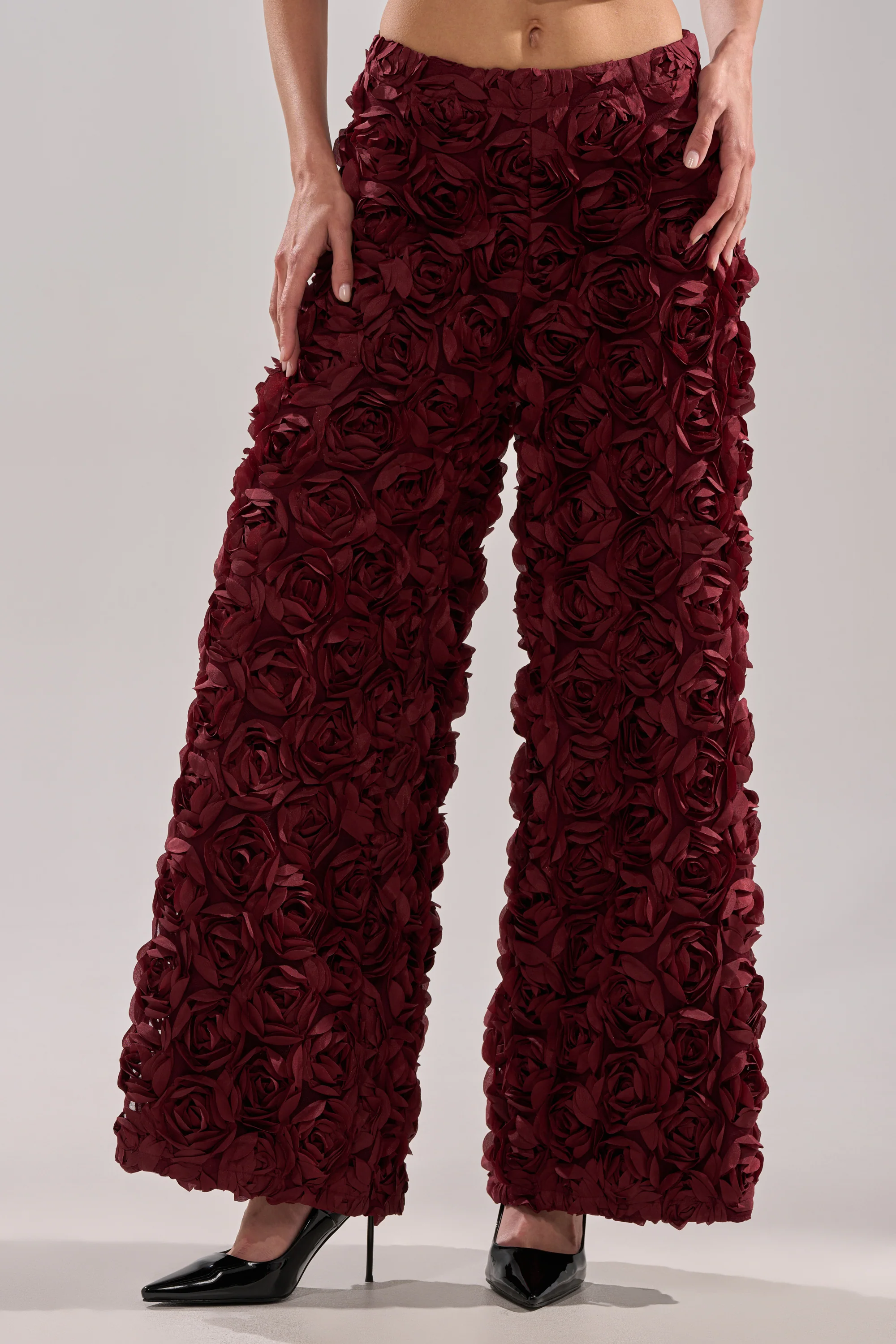 ROSE PETALS WIDE LEG TROUSER IN BURGUNDY - Image 2